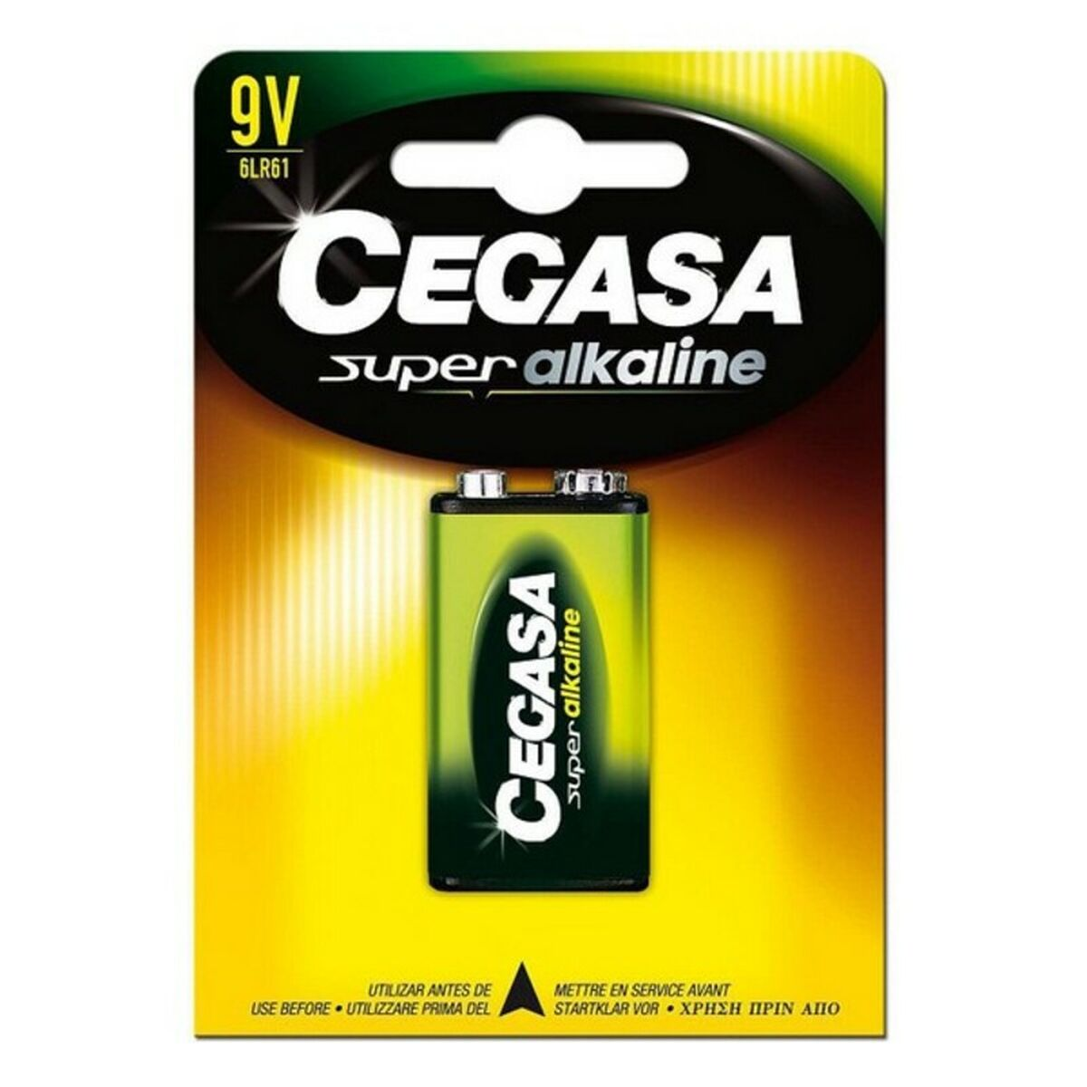 Verpackung einer 9V CEGASA Super Alkaline Batterie mit Batterie.