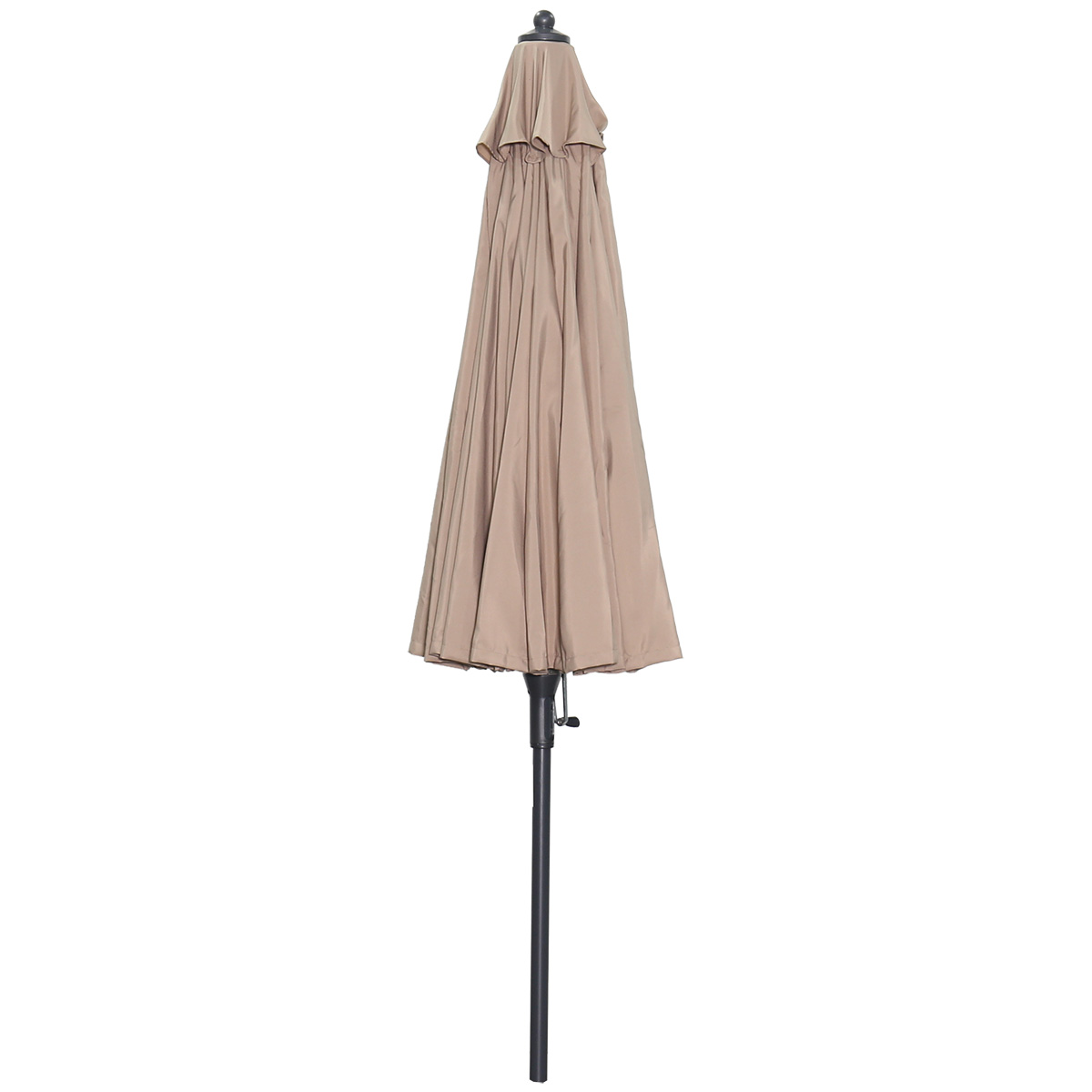 A closed, beige patio umbrella on a dark pole. White background.