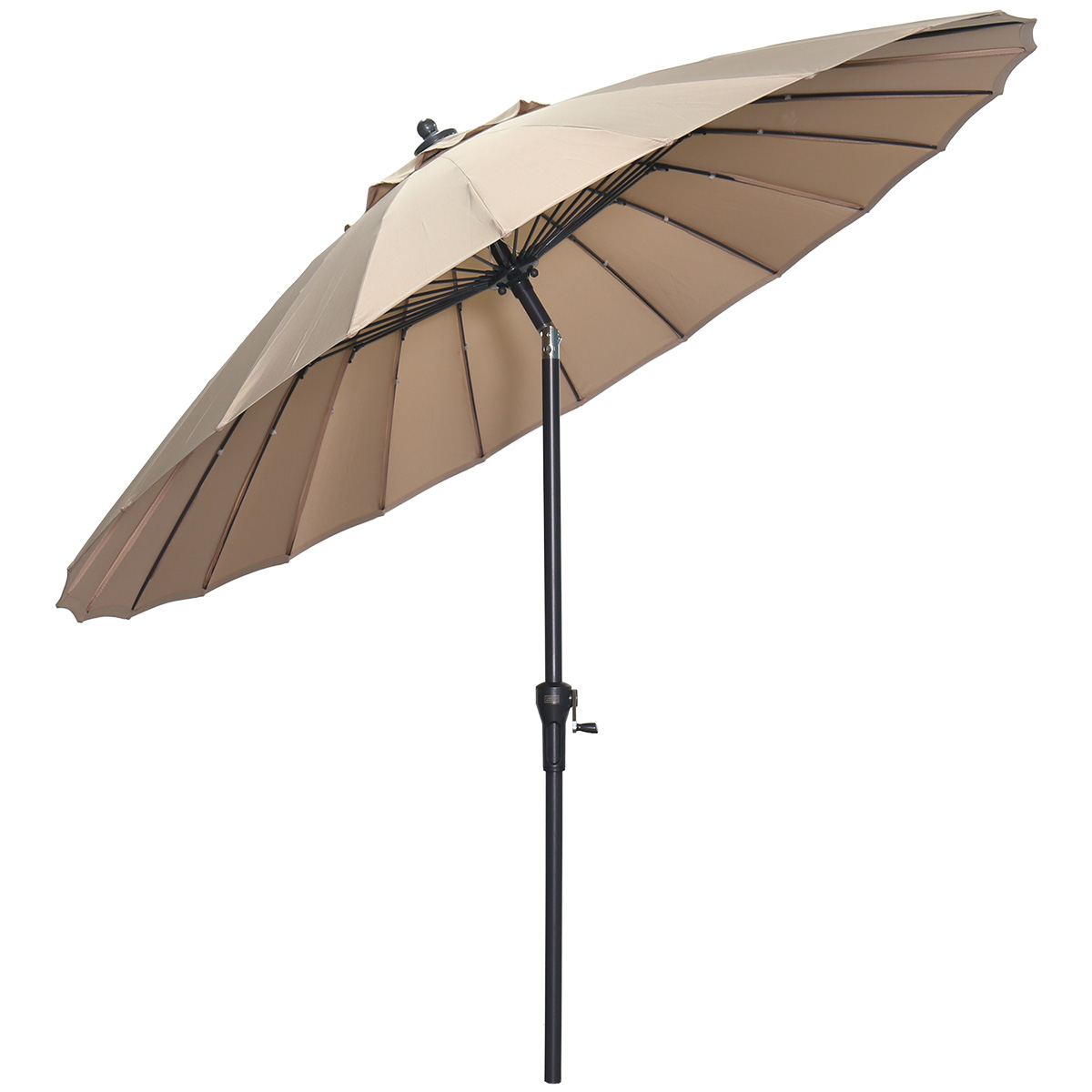 A beige umbrella with a black pole and frame against a white background.