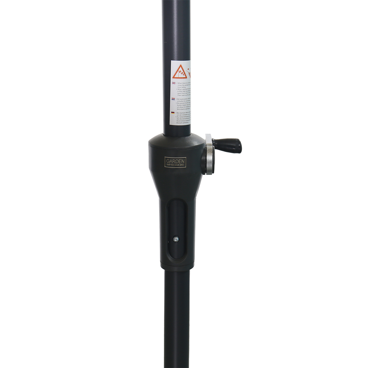 Dark umbrella pole with crank mechanism and warning labels.
