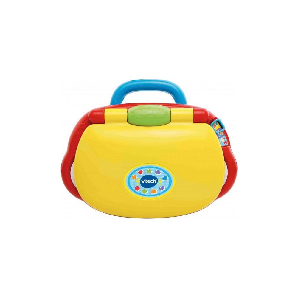 Ein gelbes Spielzeuglaptop mit blauem Griff und roten Akzenten.