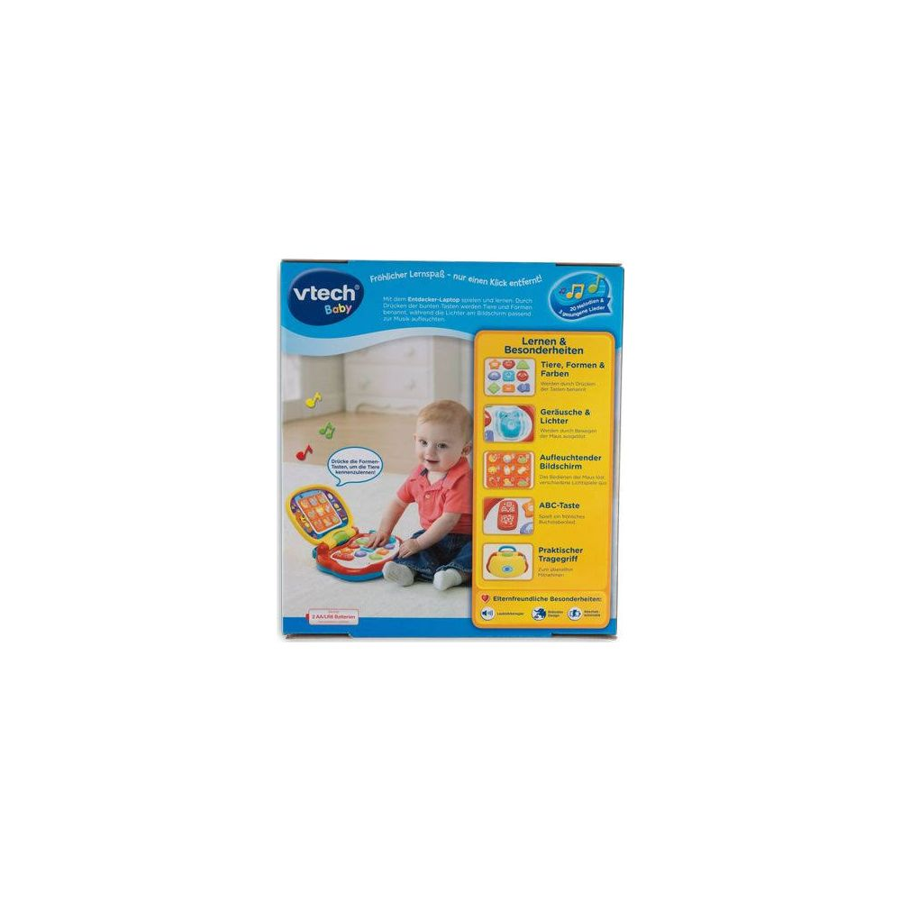 Baby sitzt vor VTech Laptop mit Tieren, Formen, Lichtern, ABC-Tasten.