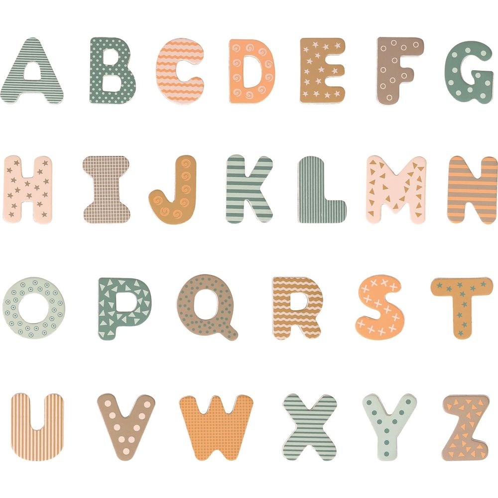 Lettere colorate in legno dell'alfabeto A-Z con vari motivi.