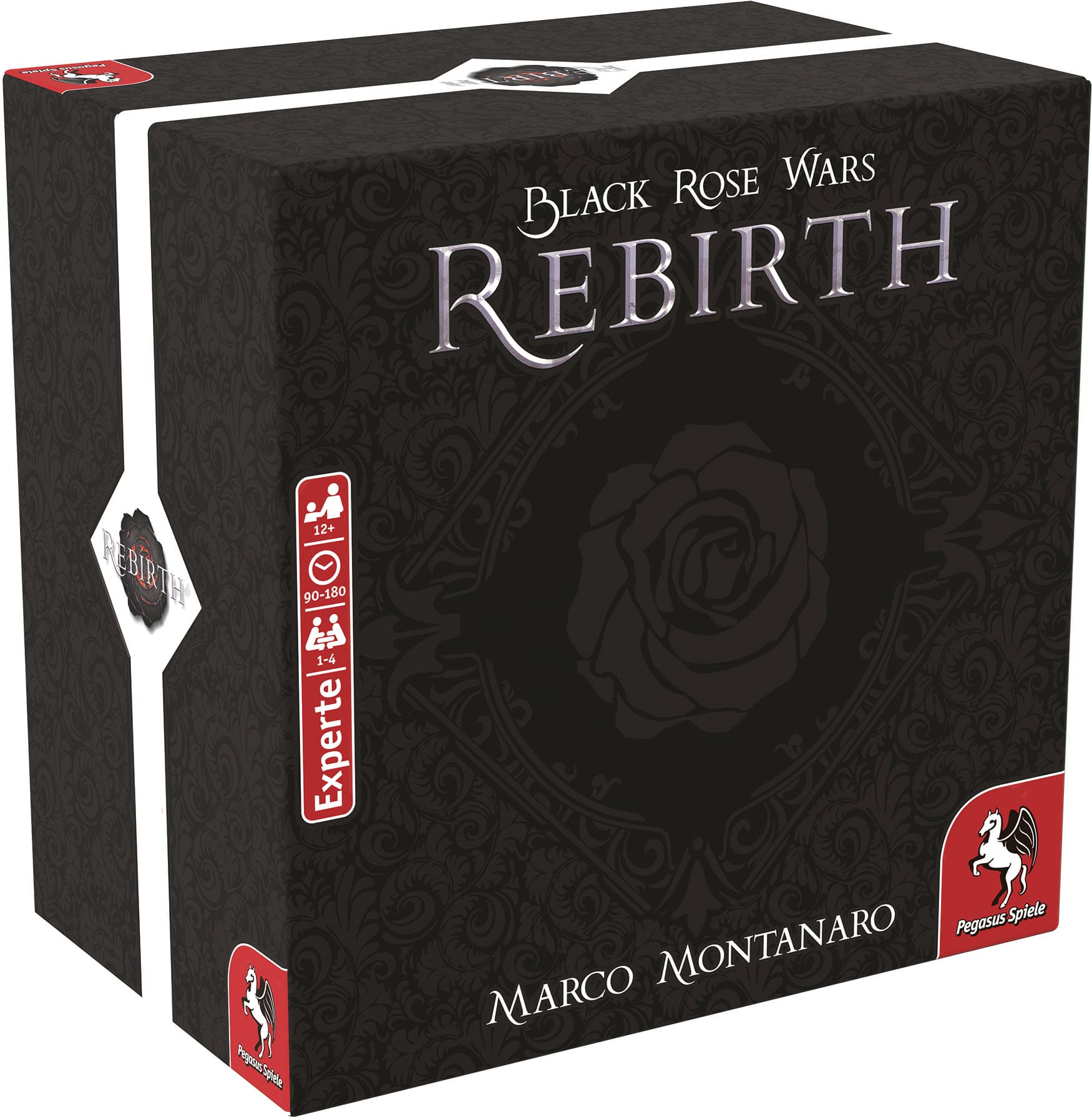 Schwarze Rosenkrieg-Wiedergeburts-Brettspielbox mit Rosenmotiv und Spielinfos.