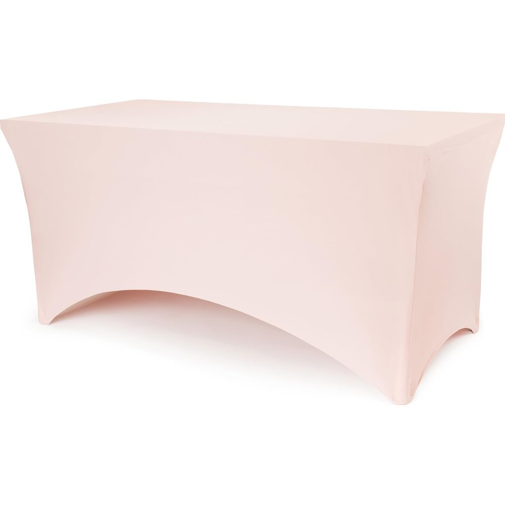 Une nappe extensible rose pâle recouvre une table rectangulaire aux pieds blancs.