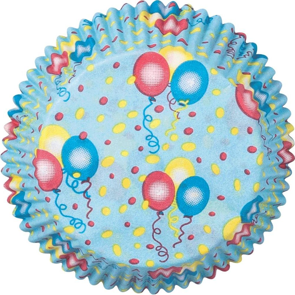 Eine blaue Cupcake-Form mit roten, gelben und blauen Ballons und Konfetti.
