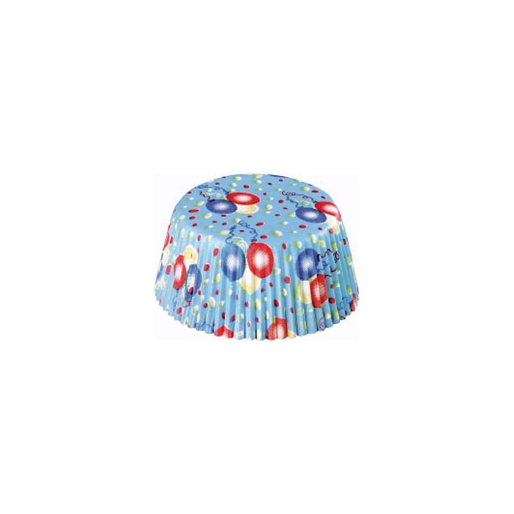 Eine blaue Muffinform mit bunten Ballons und Punkten.