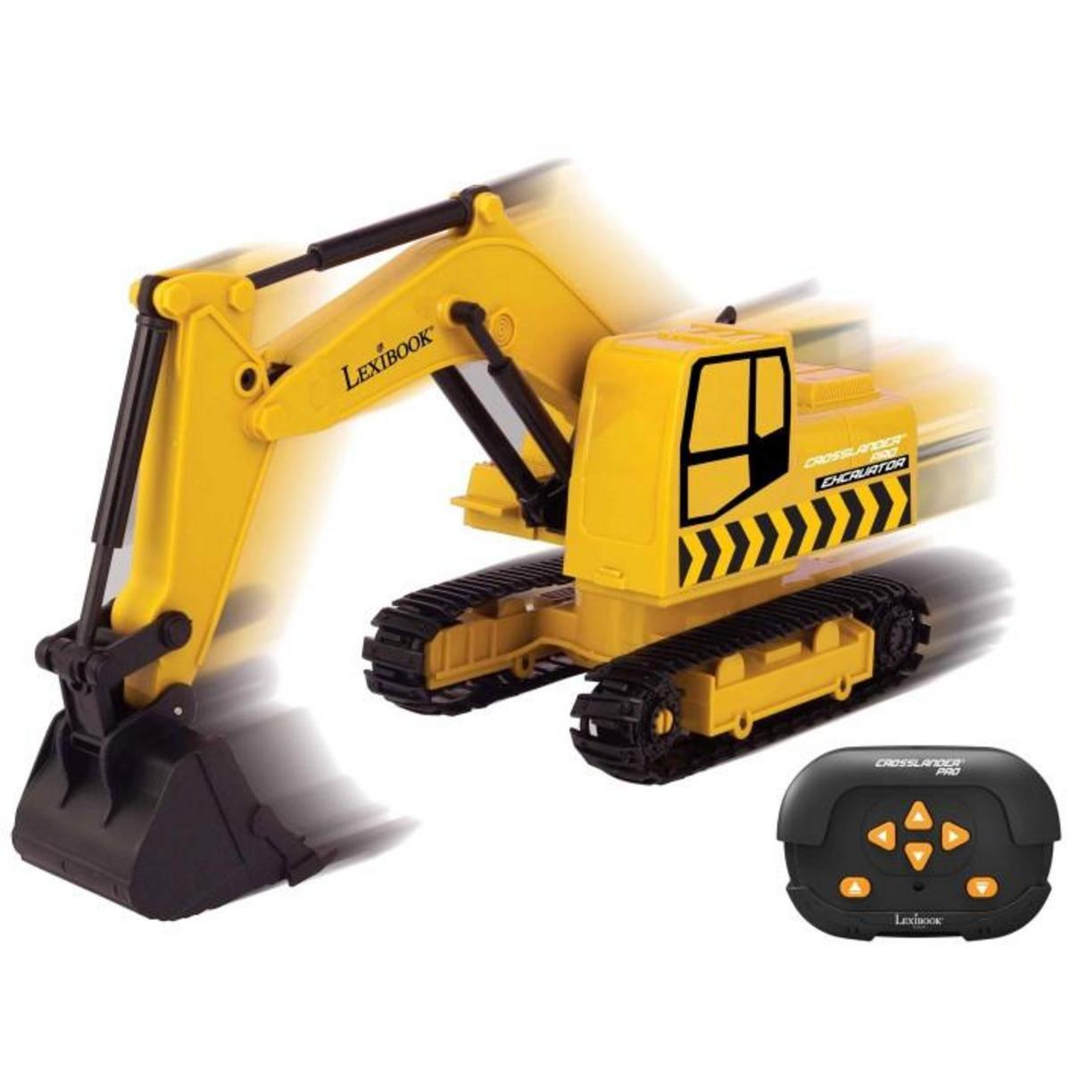 Una excavadora de juguete amarilla con orugas y control remoto.