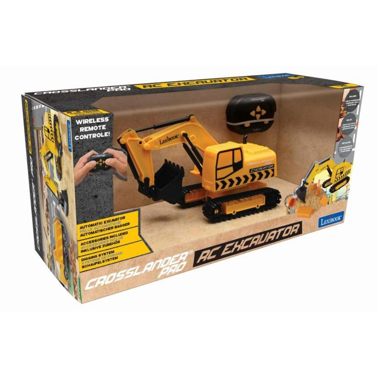 Un juguete excavador amarillo a control remoto en su caja con mando.