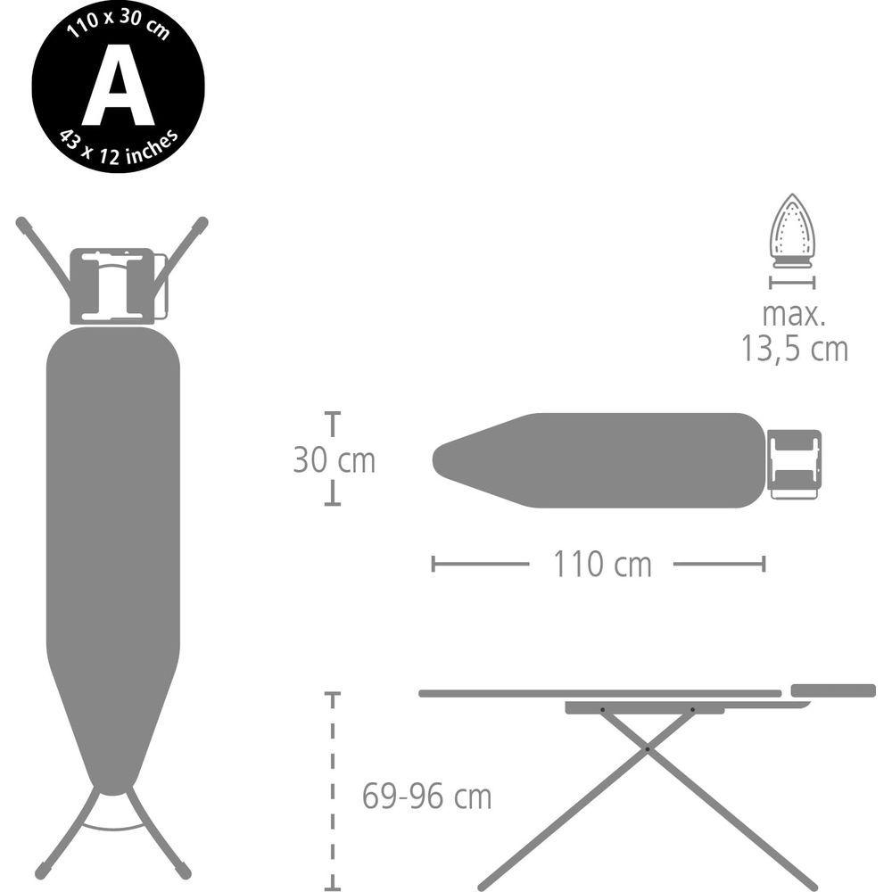Dessin technique d'une planche à repasser avec dimensions.