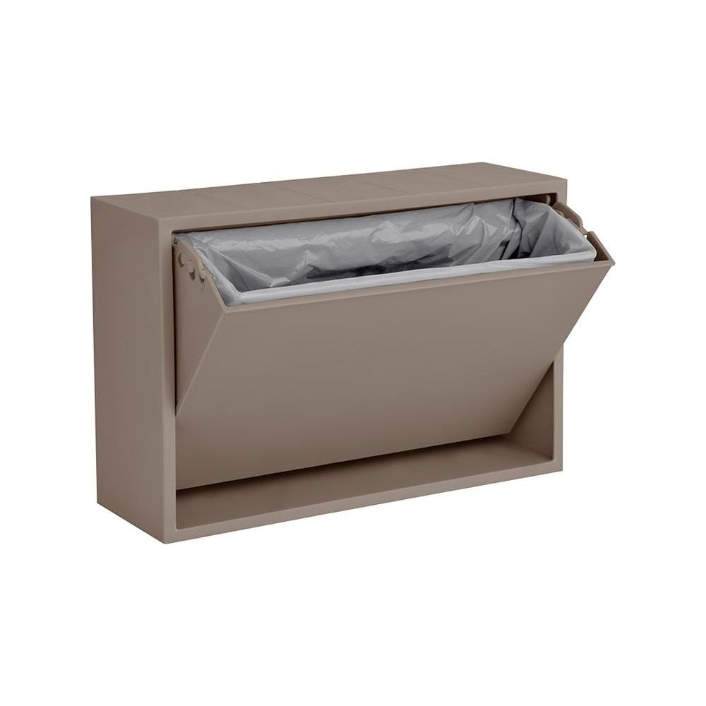 Ein beiger Mülleimer mit geöffneter Klappe und Müllsack.