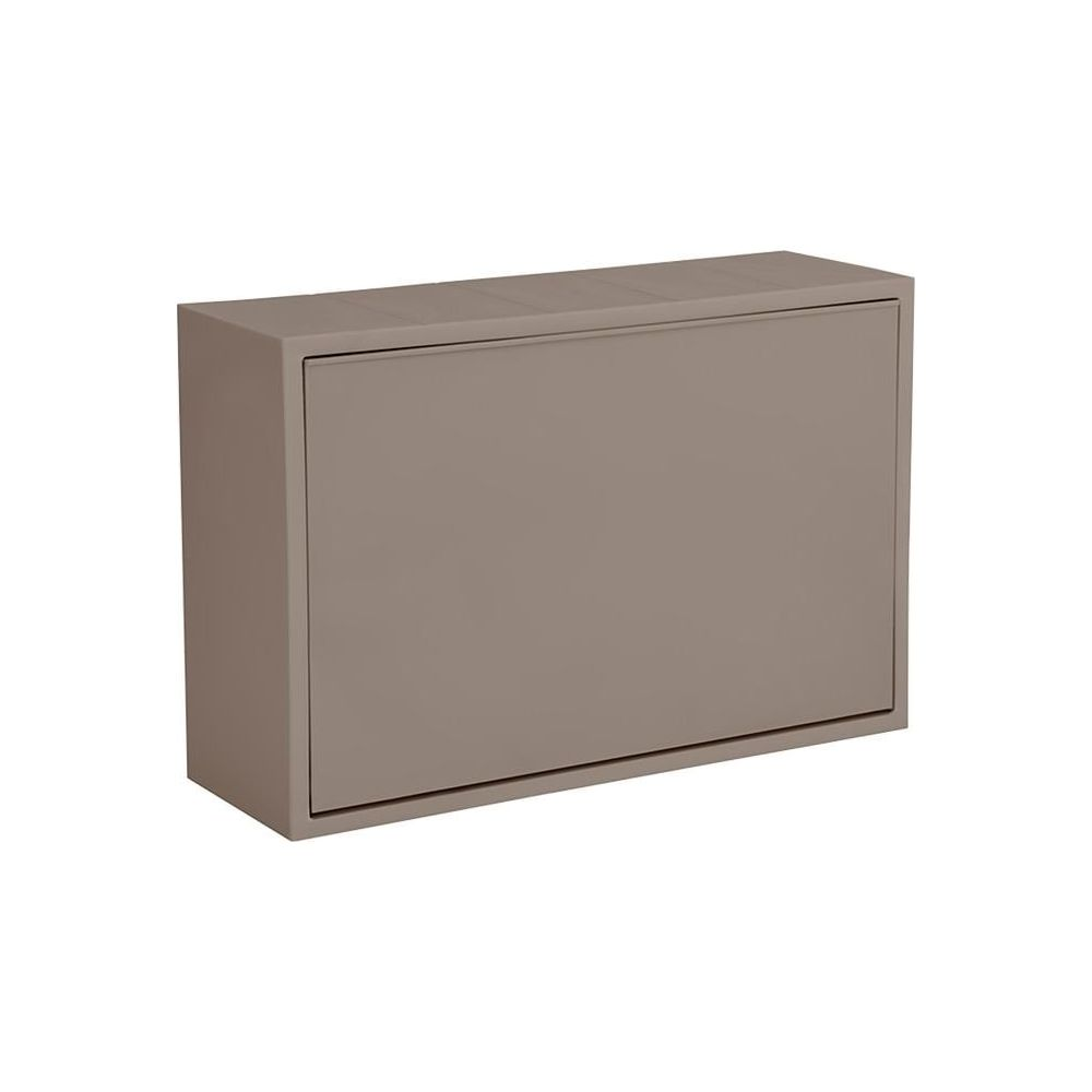 Ein schlichter, taupefarbener Schuhschrank mit einer Klapptür.
