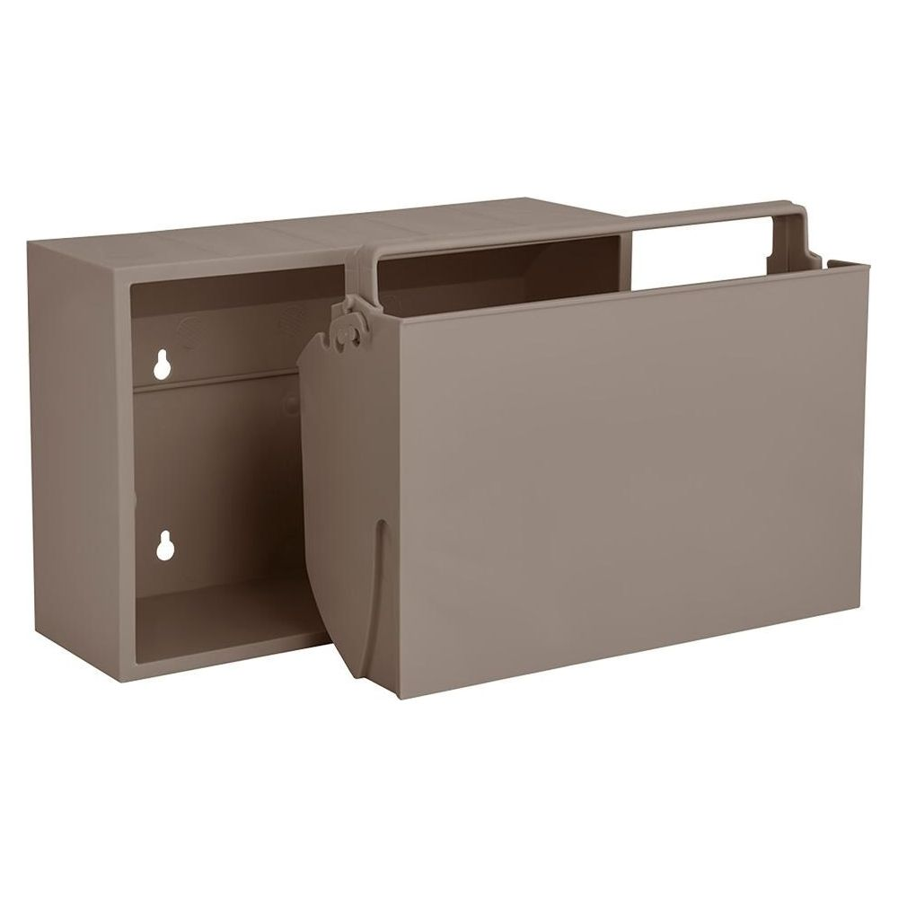 Ein taupefarbener Wandorganizer aus Kunststoff mit offenem Fach und abnehmbarer Vorderseite.