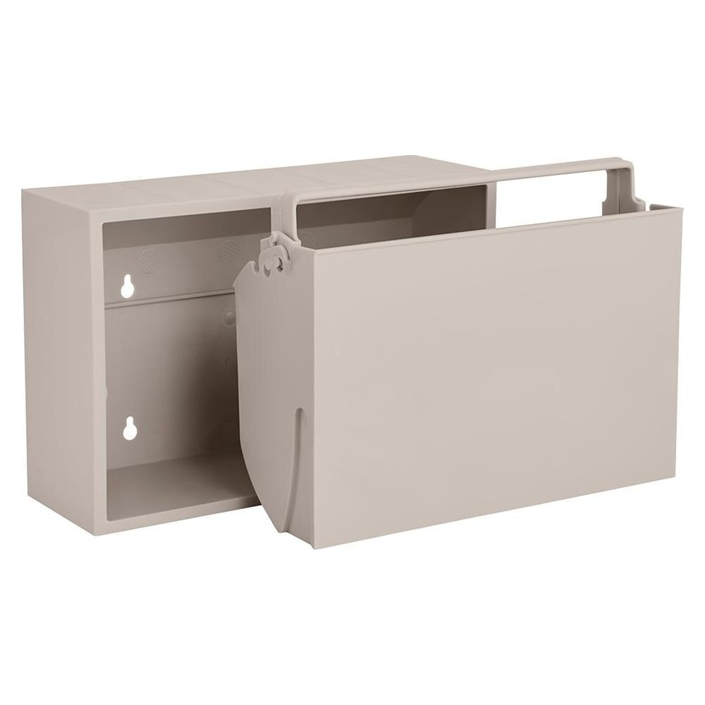 Una scatola portaoggetti beige in plastica da parete con scomparto aperto e coperchio.