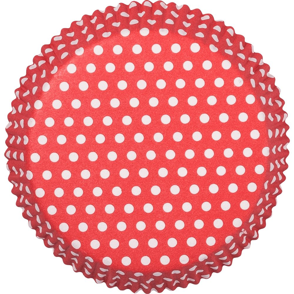 Eine rote Cupcake-Form mit weißen Tupfen wird von oben auf weißem Hintergrund gezeigt.