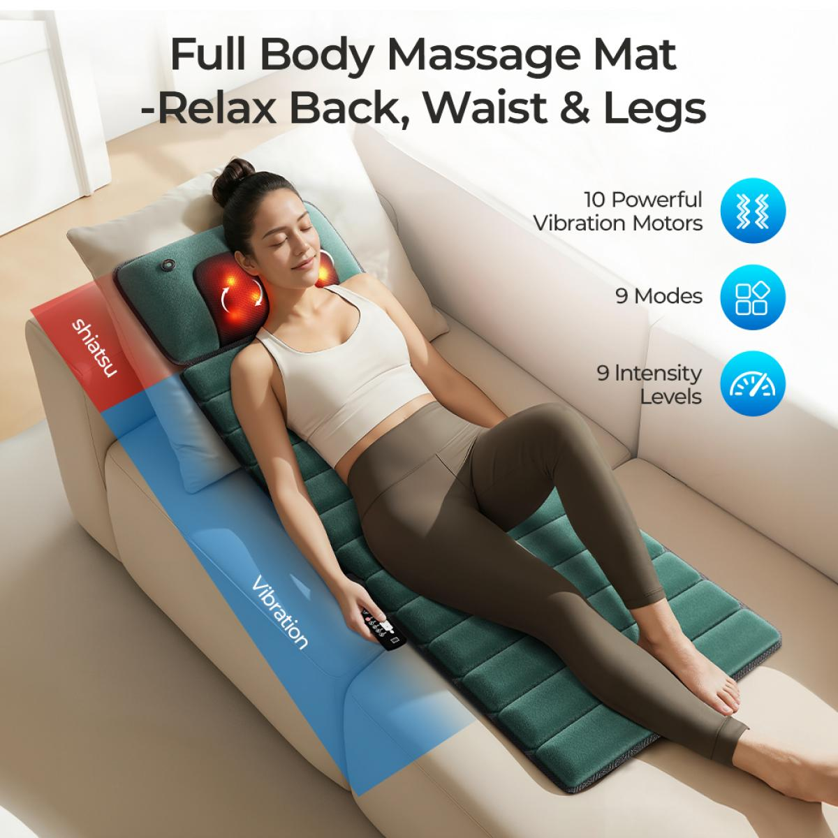 Frau entspannt auf einer Massagematte mit Shiatsu- und Vibrationsfunktion.