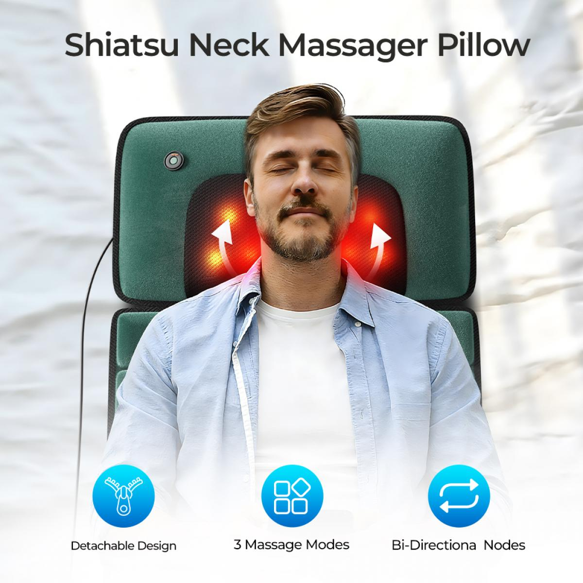 Mann mit geschlossenen Augen, der ein Nackenmassagegerät benutzt, das Shiatsu-Massage anbietet.