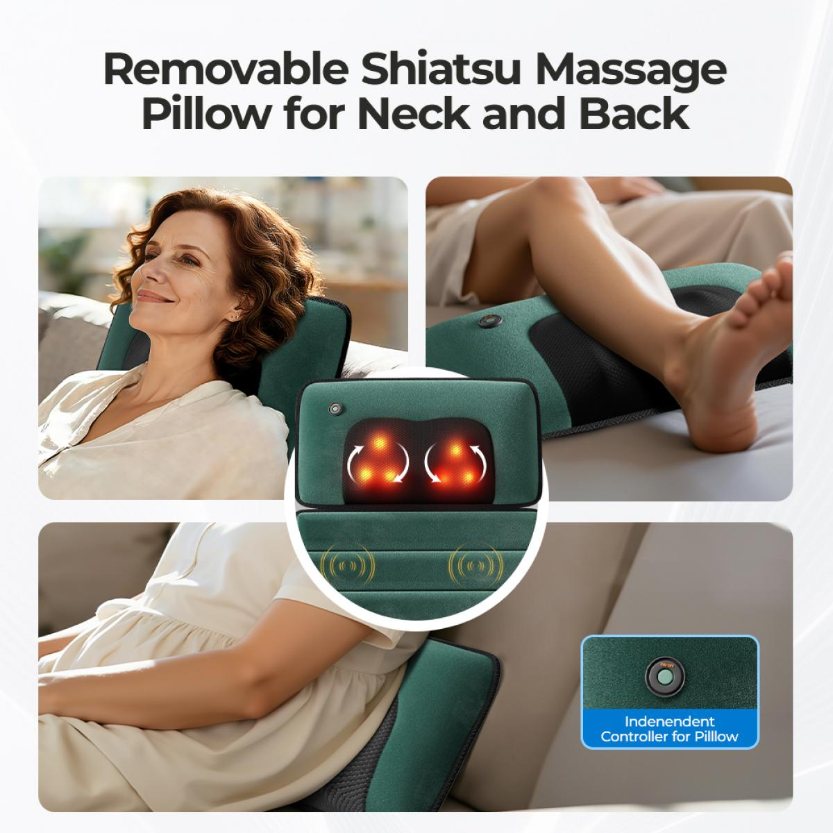 Grünes Massagekissen für Nacken und Rücken mit Heizelementen und Bedienelement.