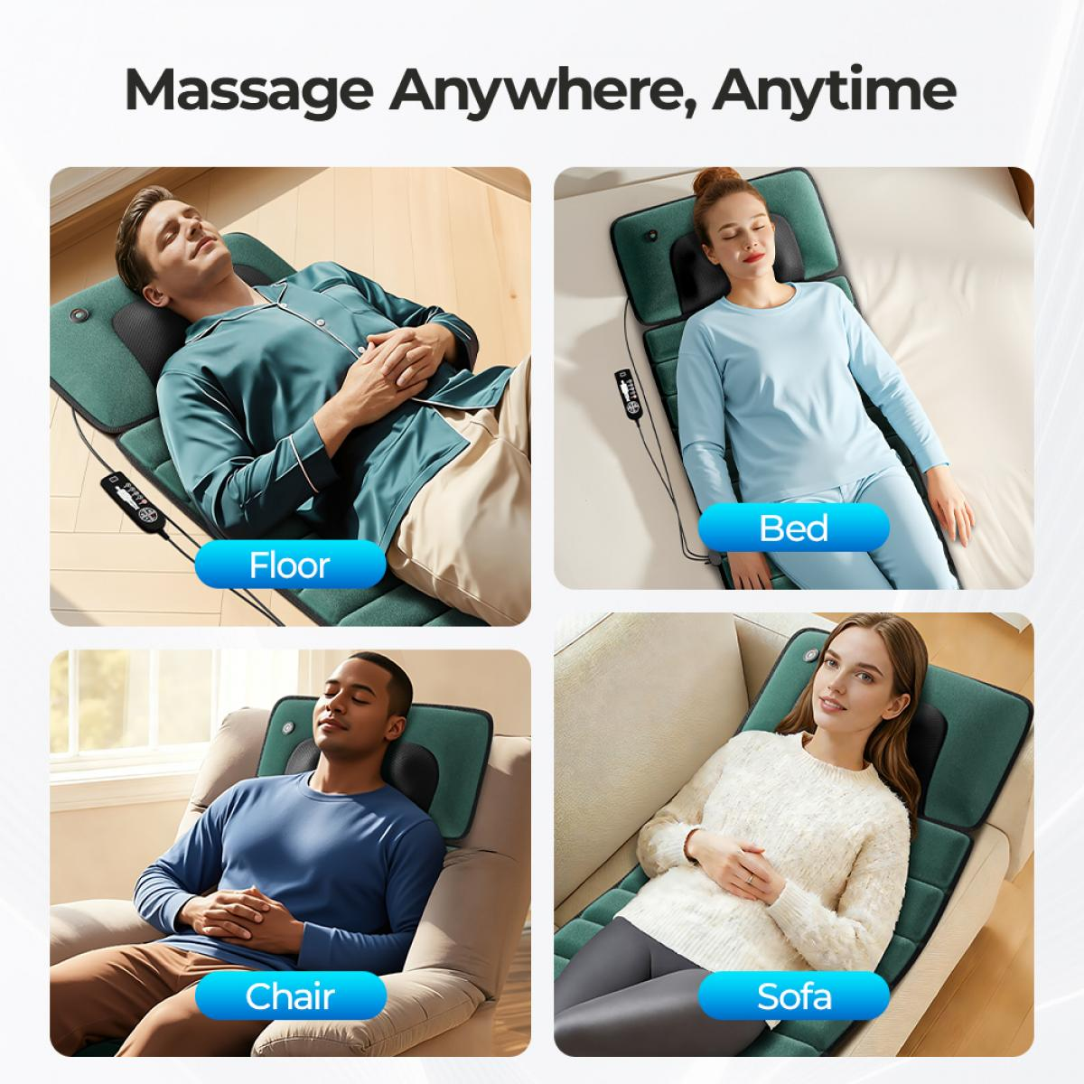 Menschen entspannen auf einer Massagematte auf dem Boden, Bett, Stuhl und Sofa.