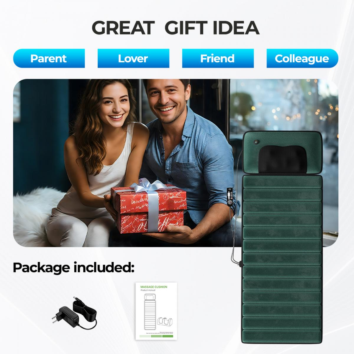 Glückliches Paar mit Geschenk, Massagegerät und Zubehör.