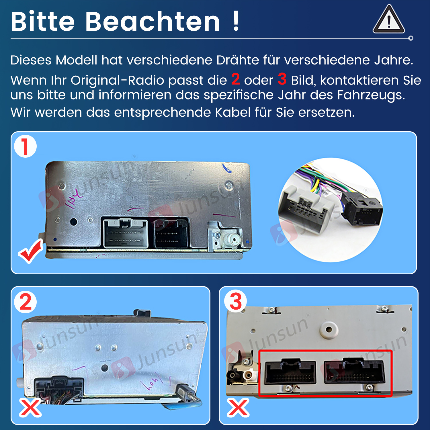 Drei Bilder von Autoradio-Anschlüssen, eins mit Häkchen, zwei mit Kreuz.