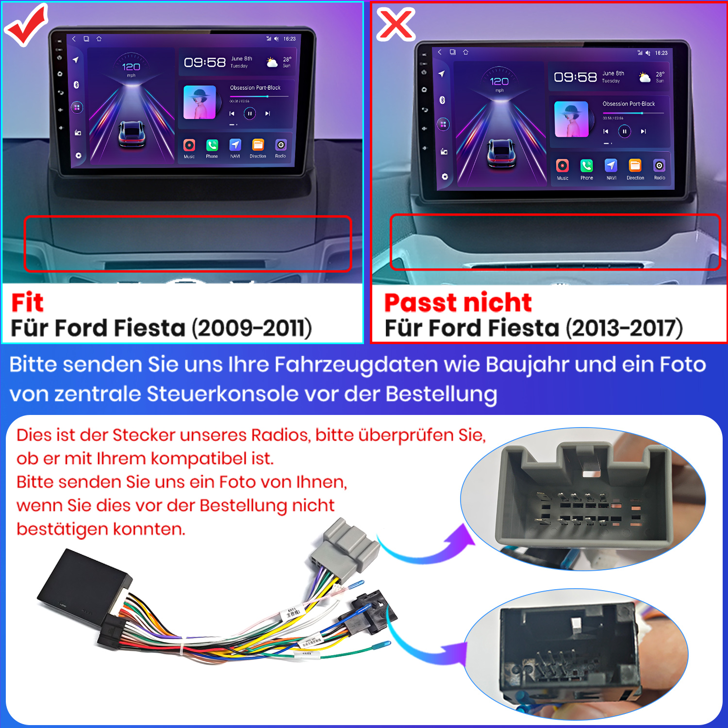 Vergleich zweier Autoradios für Ford Fiesta, mit Kabeln und Steckern.