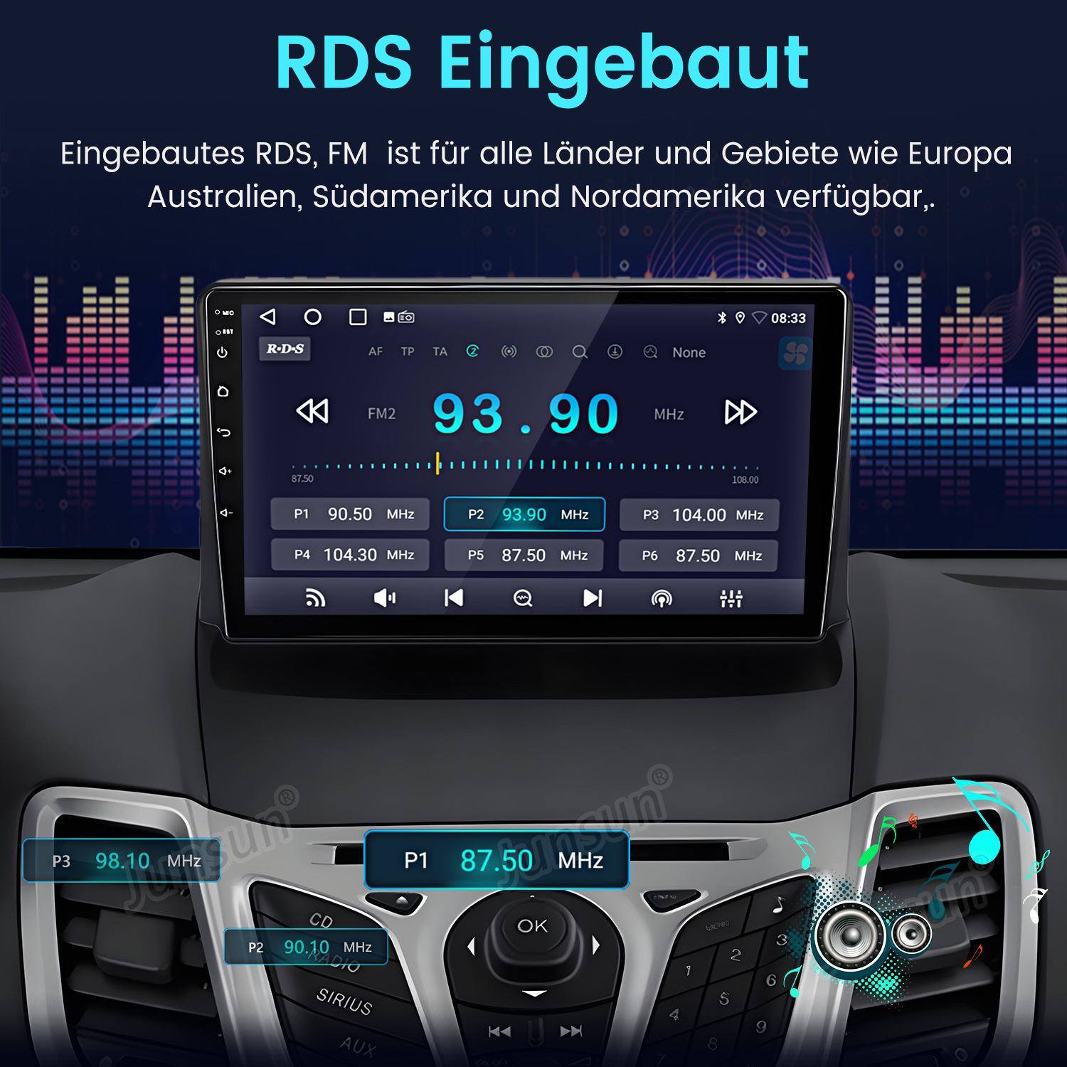 Ein Autoradio-Bildschirm zeigt RDS, FM und Sender-Presets. Musikvisualisierung im Hintergrund.