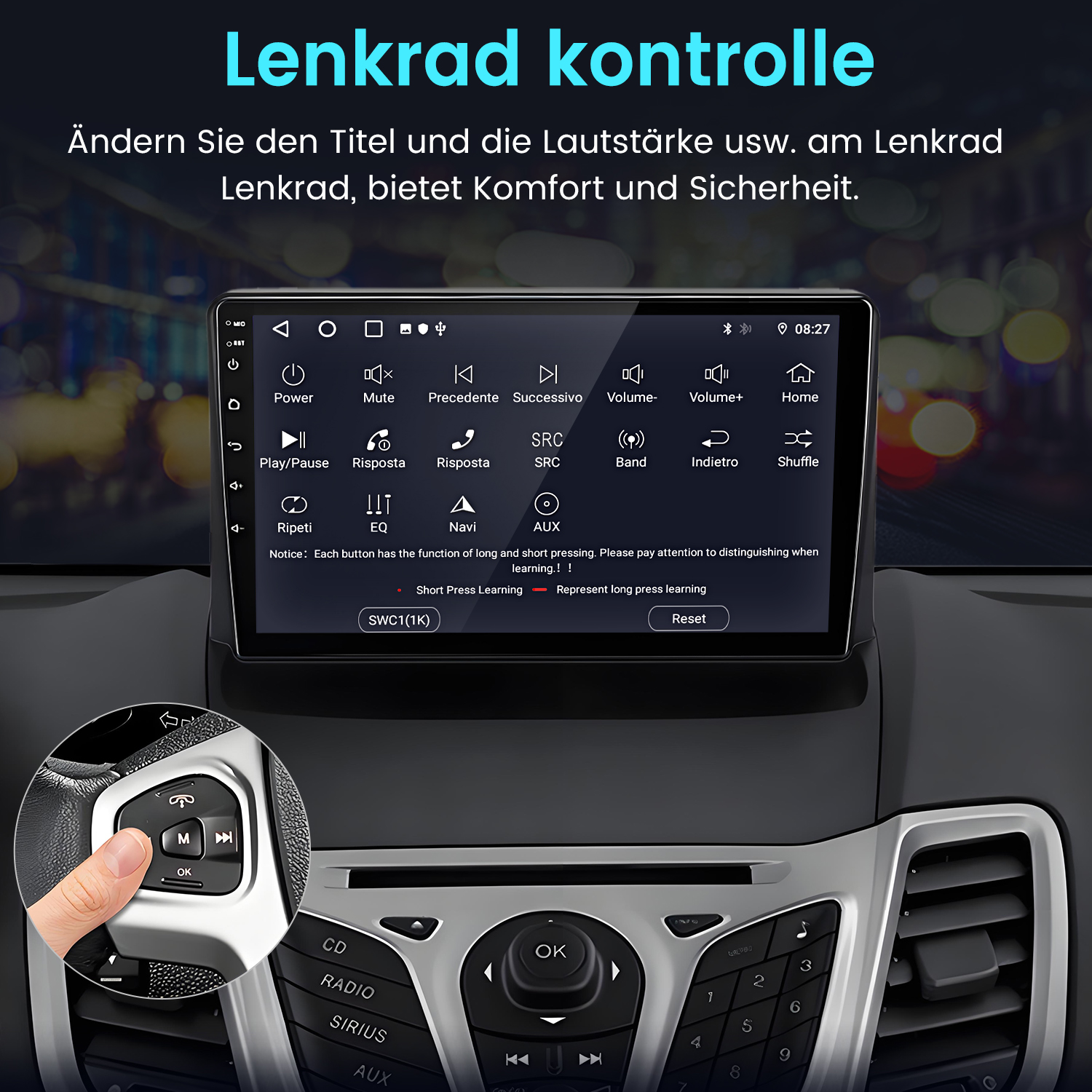 Ein Finger drückt eine Taste am Lenkrad, während ein Autoradio-Bildschirm angezeigt wird.
