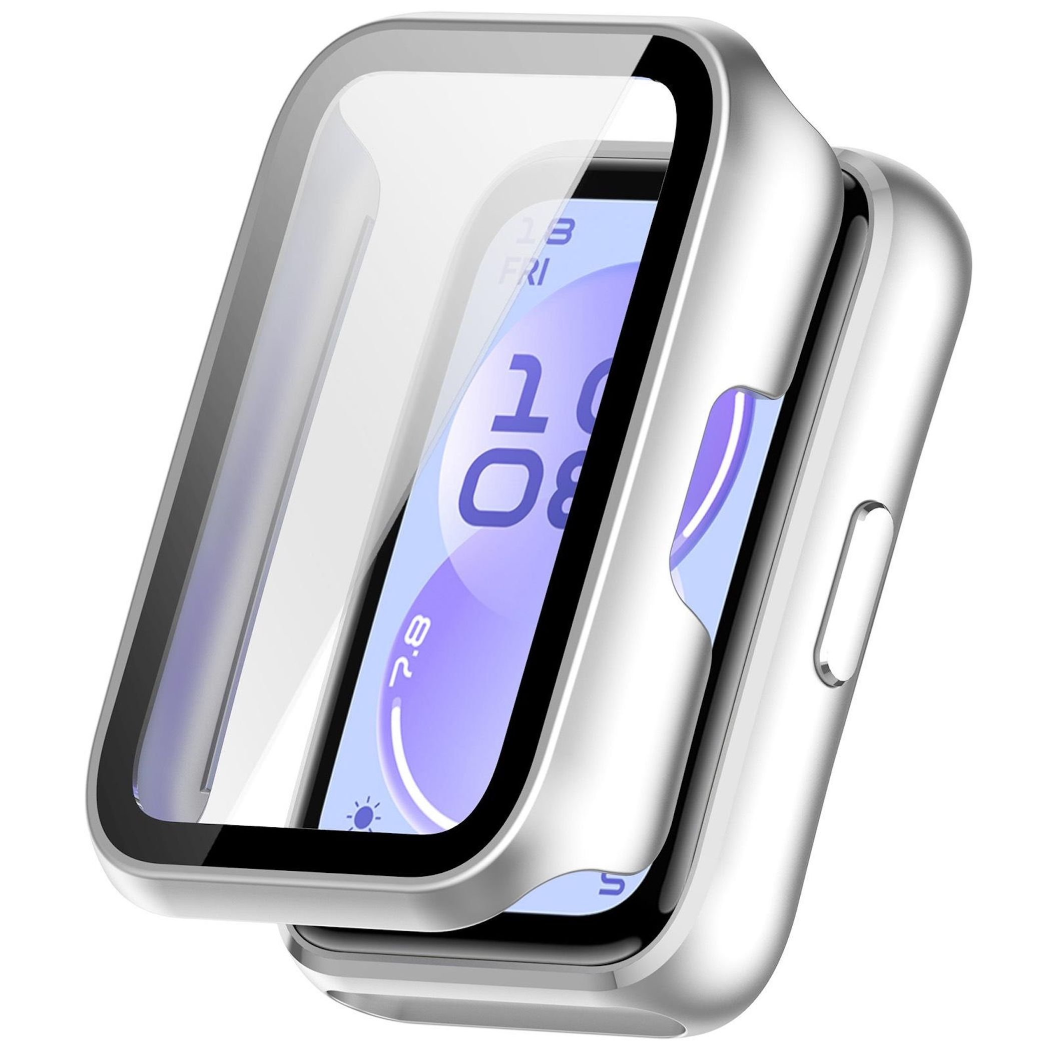Silberne Schutzhülle für eine Smartwatch mit blauem Zifferblatt.