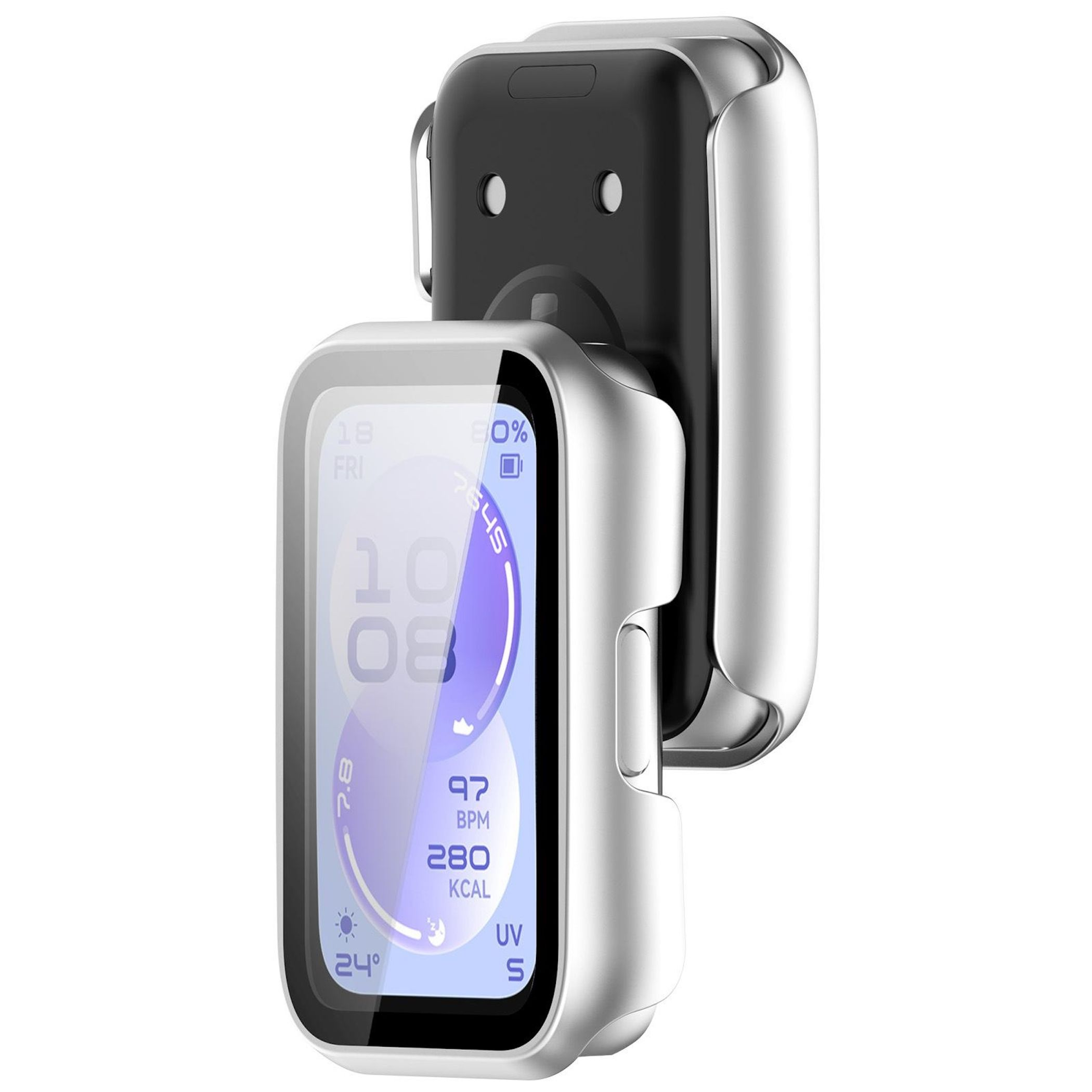 Silberne Smartwatch mit silbernem Gehäuse. Anzeige zeigt Datum, Uhrzeit, BPM, Kcal, UV, 24 Grad.