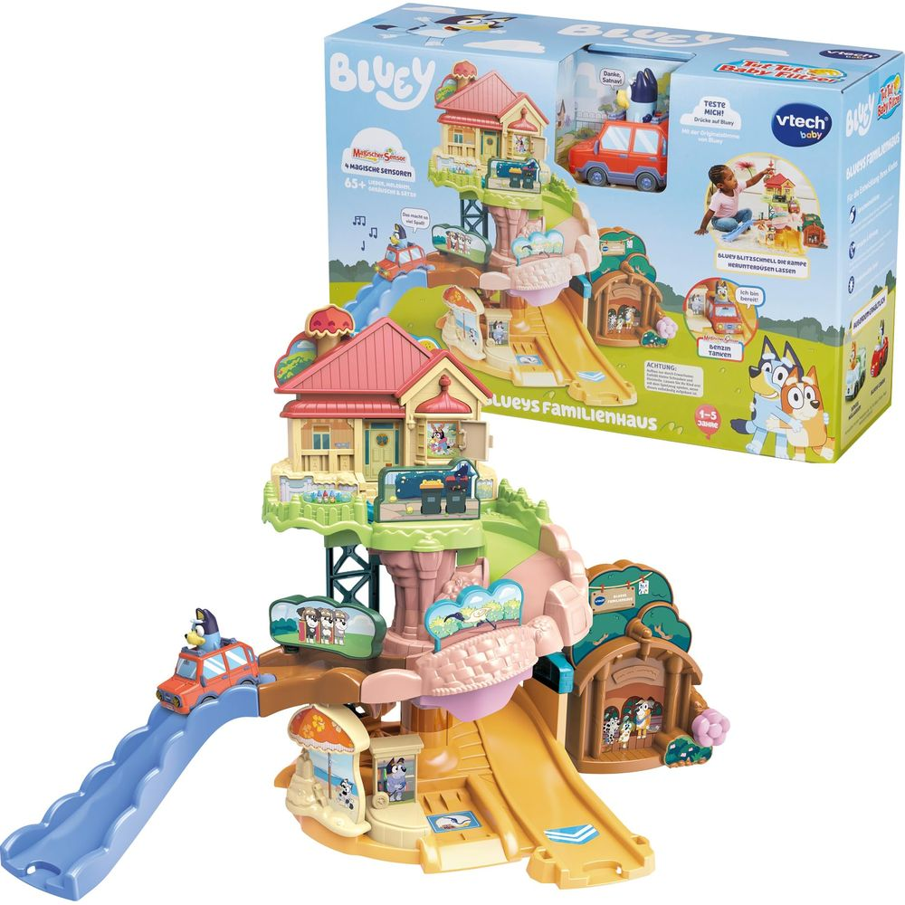 VTech Bluey Familienhaus Spielzeug mit Rutsche und Auto.