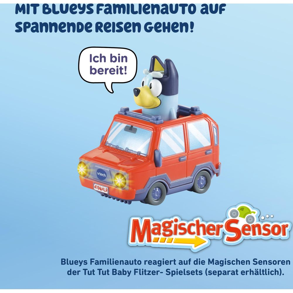 Ein rotes Spielzeugauto mit Bluey, der bereit ist. Mit Text: Magischer Sensor.