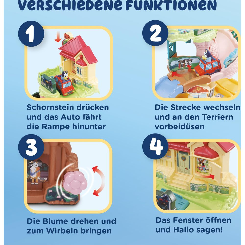 Vier Schritte zeigen Spielzeugauto-Funktionen: Rampe, Strecke, Blume, Fenster.