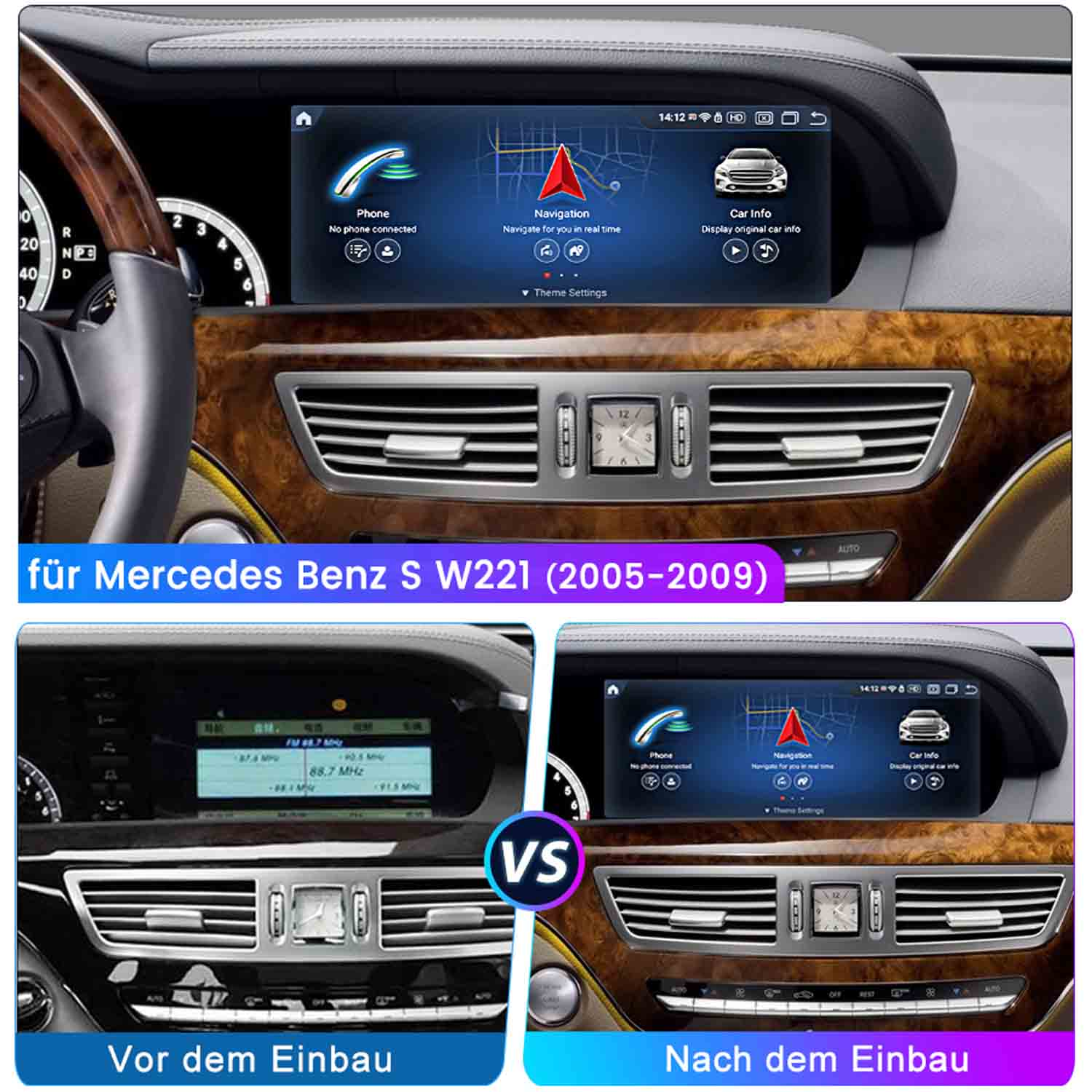 Vorher/Nachher-Vergleich eines Auto-Infotainmentsystems für Mercedes Benz S W221.