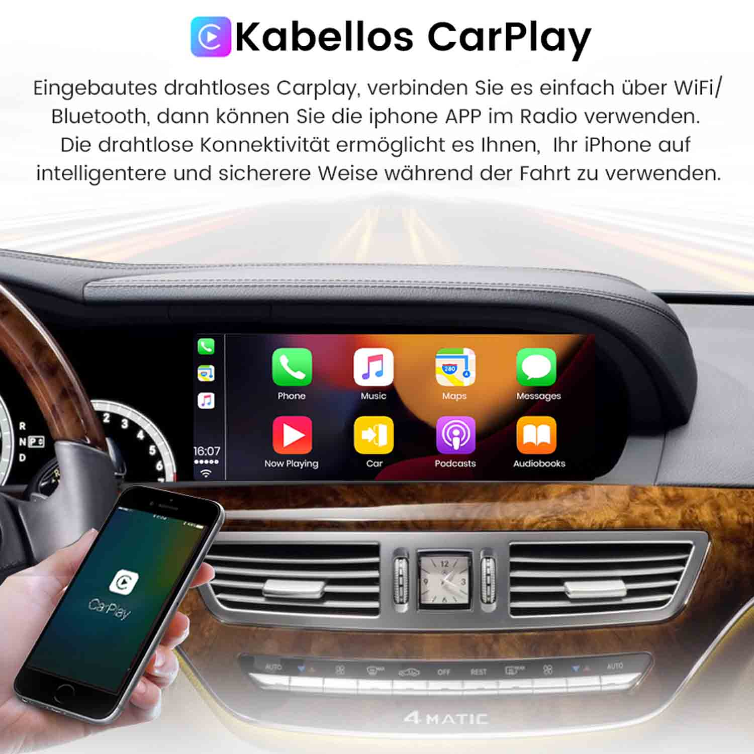 Ein iPhone verbindet sich drahtlos mit dem Autoradio über CarPlay.