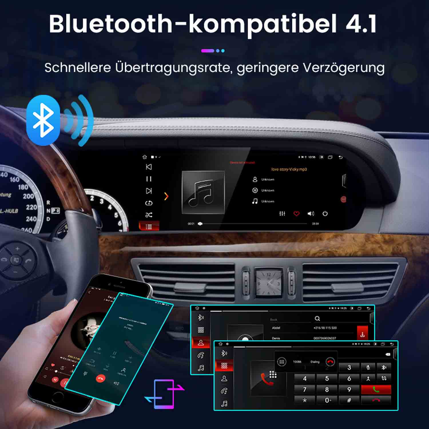 Auto-Infotainmentsystem mit Bluetooth 4.1, Musik-Player, Telefon-Interface und Navigation.