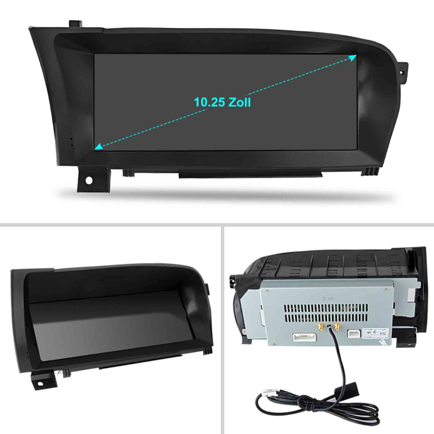 Ein 10,25-Zoll-Autodisplay mit Kabeln, Vorder- und Rückansicht.