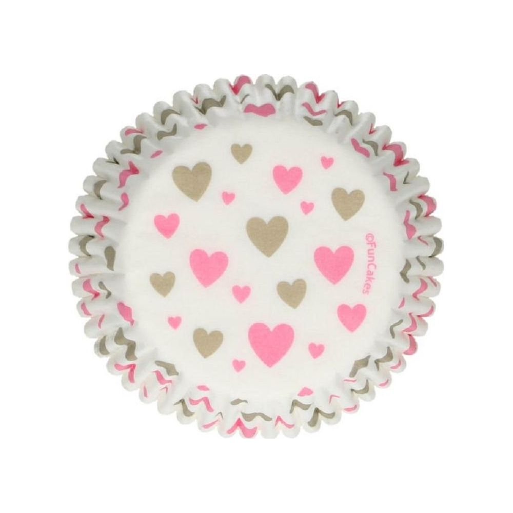 Caissette à cupcake blanche avec cœurs roses et gris, bord festonné.