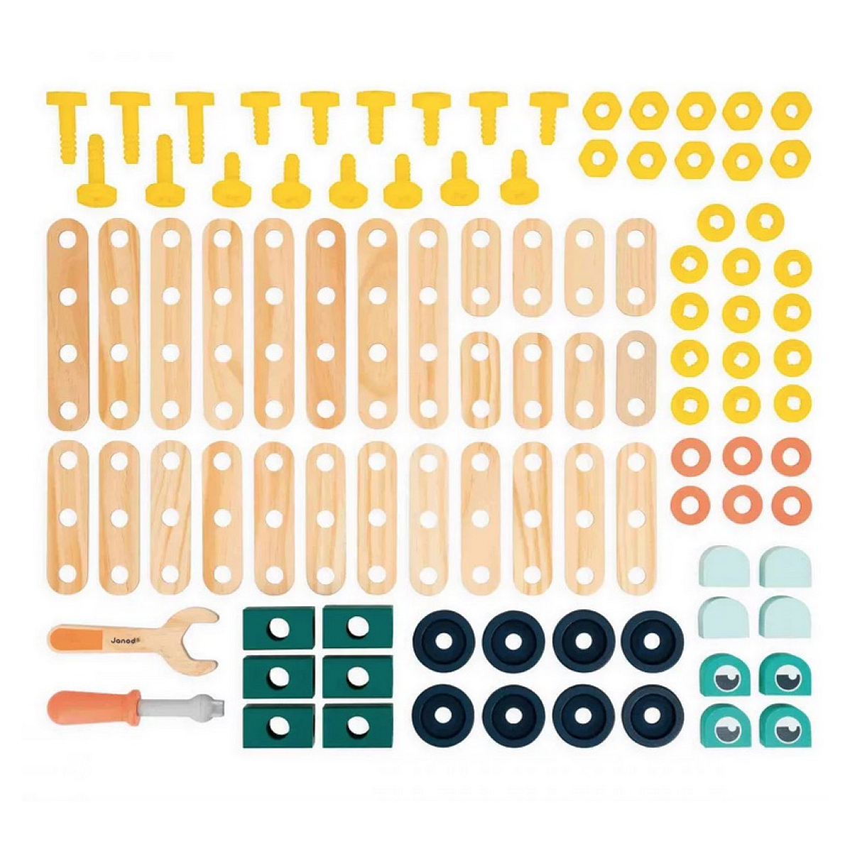 Blocs de construction en bois avec vis, écrous, roues et outils.