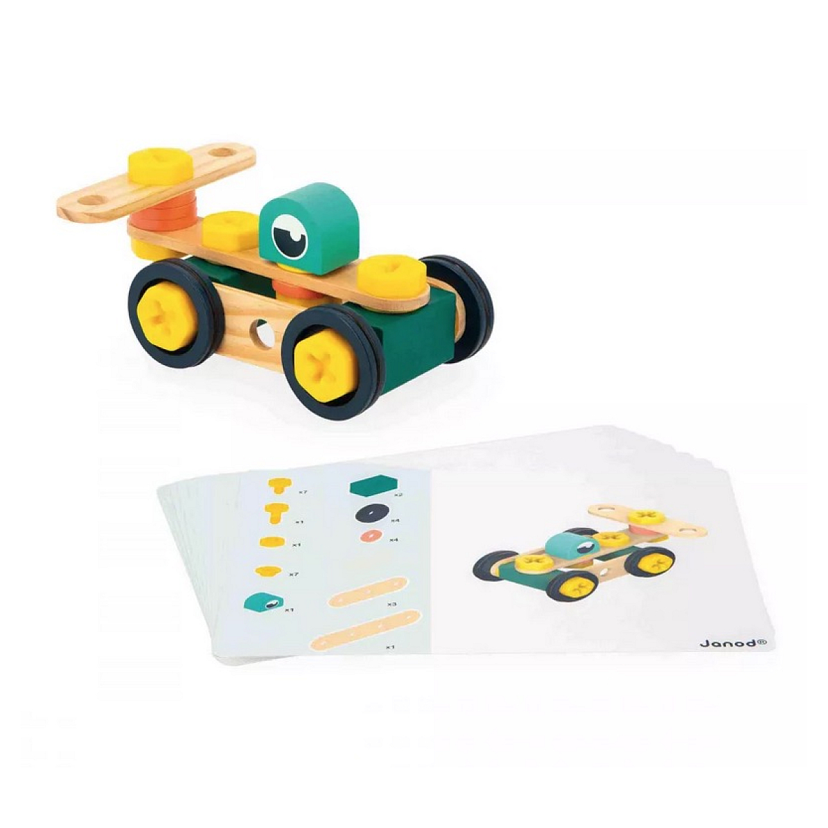 Voiture jouet en bois avec corps vert, roues jaunes et yeux bleus. Instructions de montage également présentées.