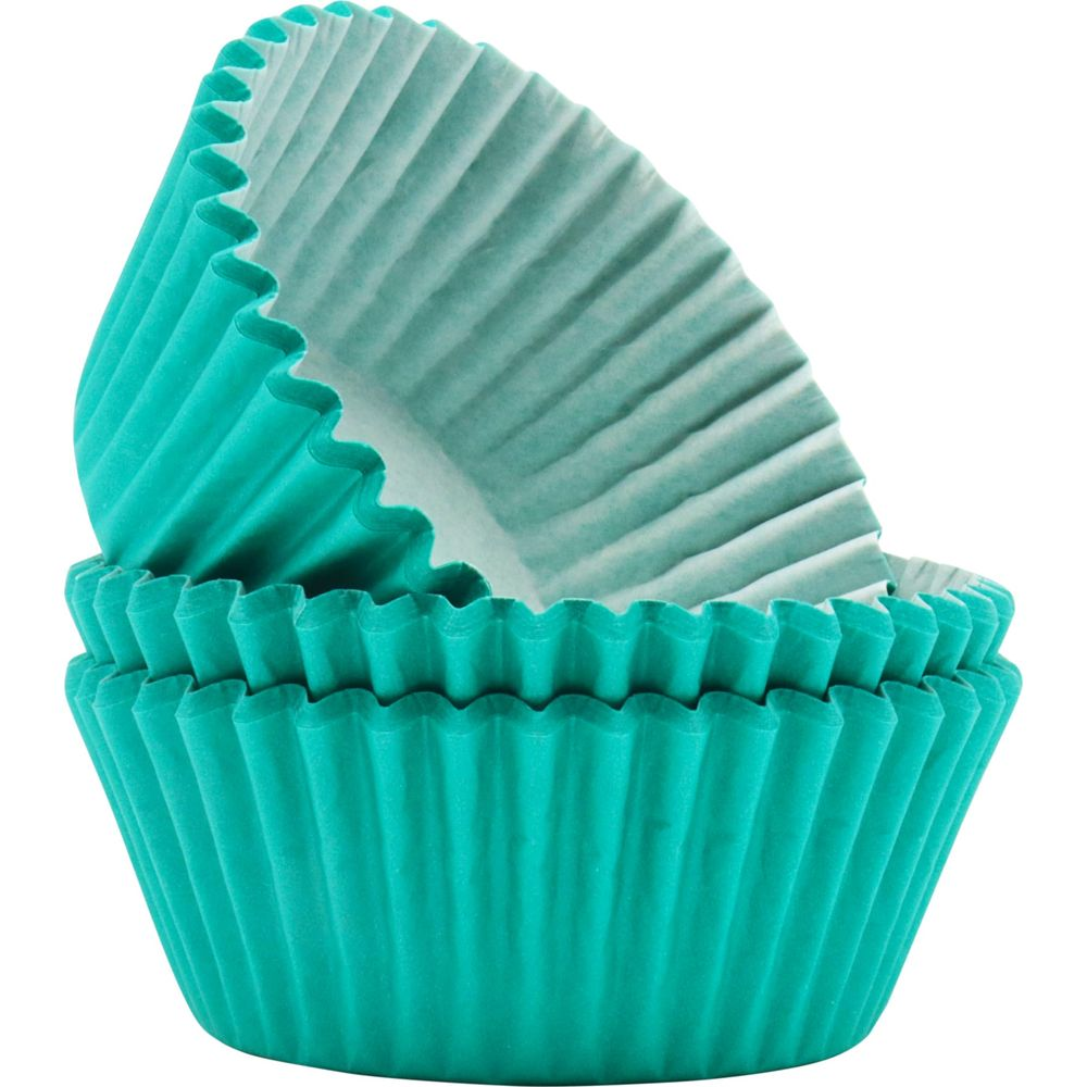 Zwei petrolfarbene Cupcake-Förmchen übereinander, mit Falten und Wellenrändern.