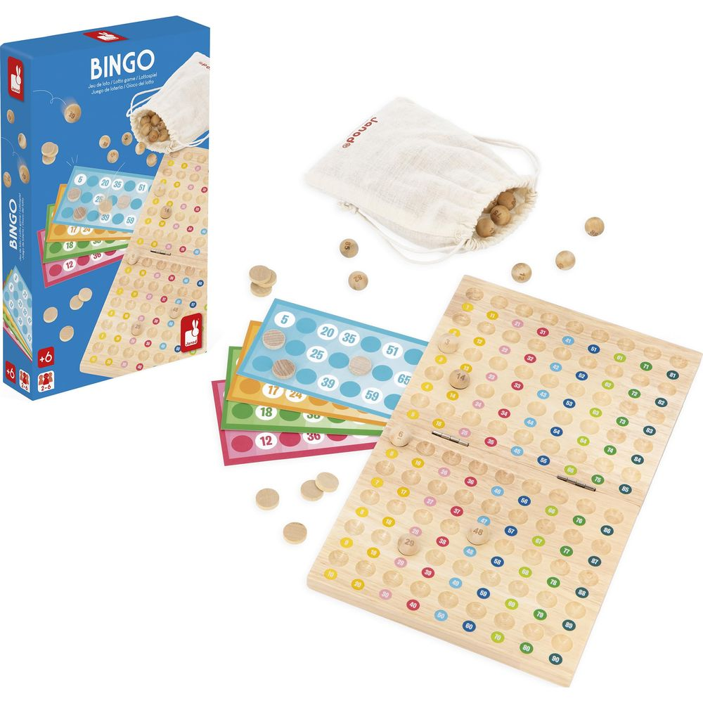 Gioco del BINGO: Tabellone, carte, sacca con segnalini in legno e palline numerate.