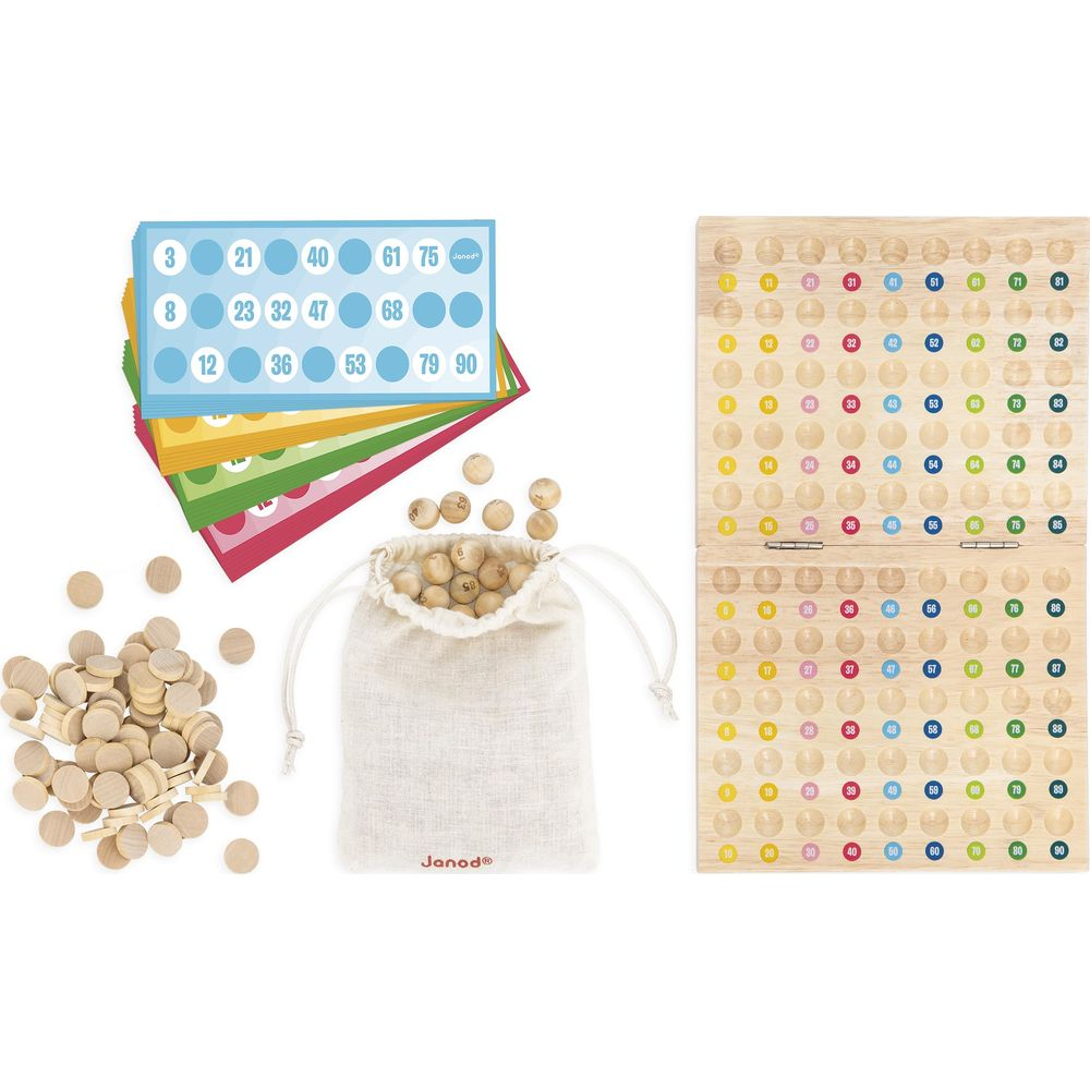 Gioco in legno con carte, palline numerate in un sacchetto e tabellone numerato.