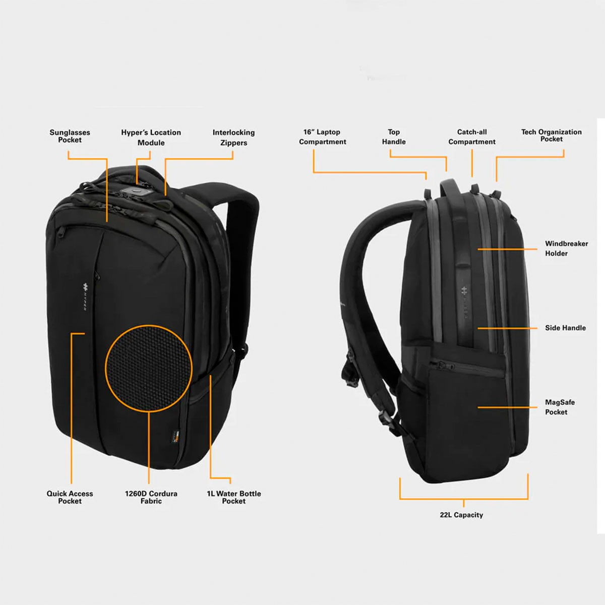 Vengono mostrati due zaini neri, etichettati con caratteristiche come scomparto per laptop e porta borraccia.
