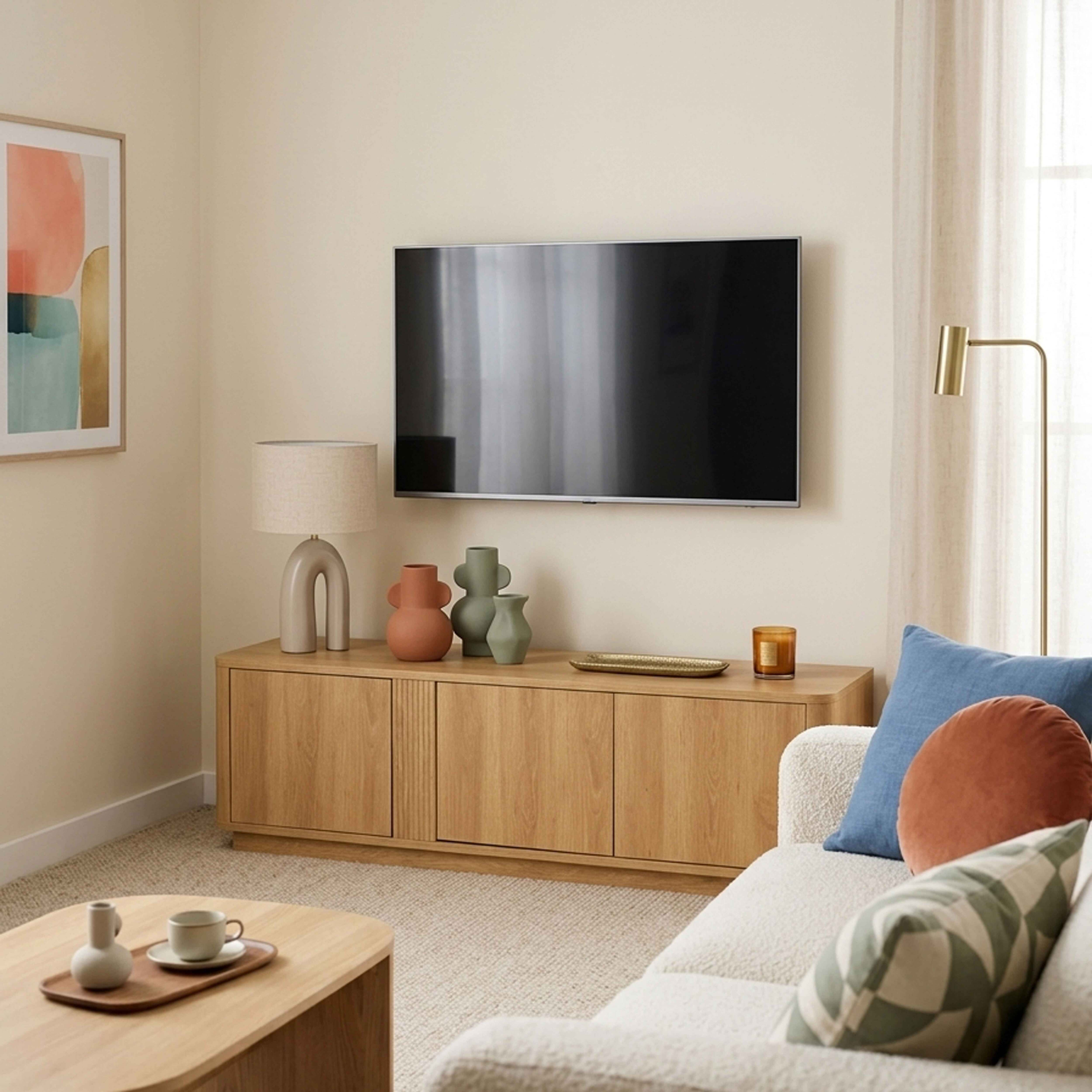 Ein Wohnzimmer mit einem Fernseher, einem Holzkonsolenmöbel, einem Sofa und einem Couchtisch.