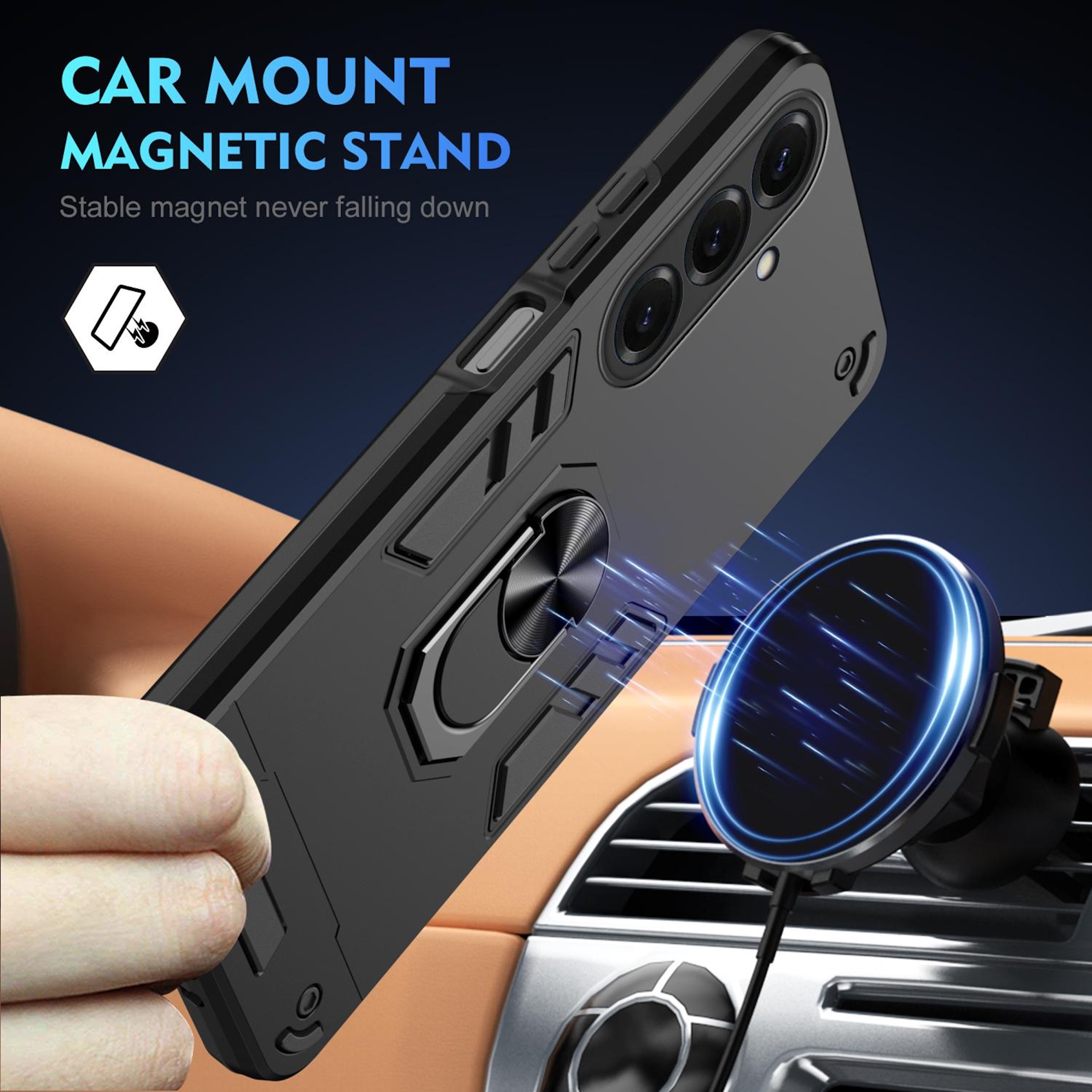 Funda de teléfono negra con soporte de anillo se acopla a soporte de ventilación de coche con efectos de luz azul.