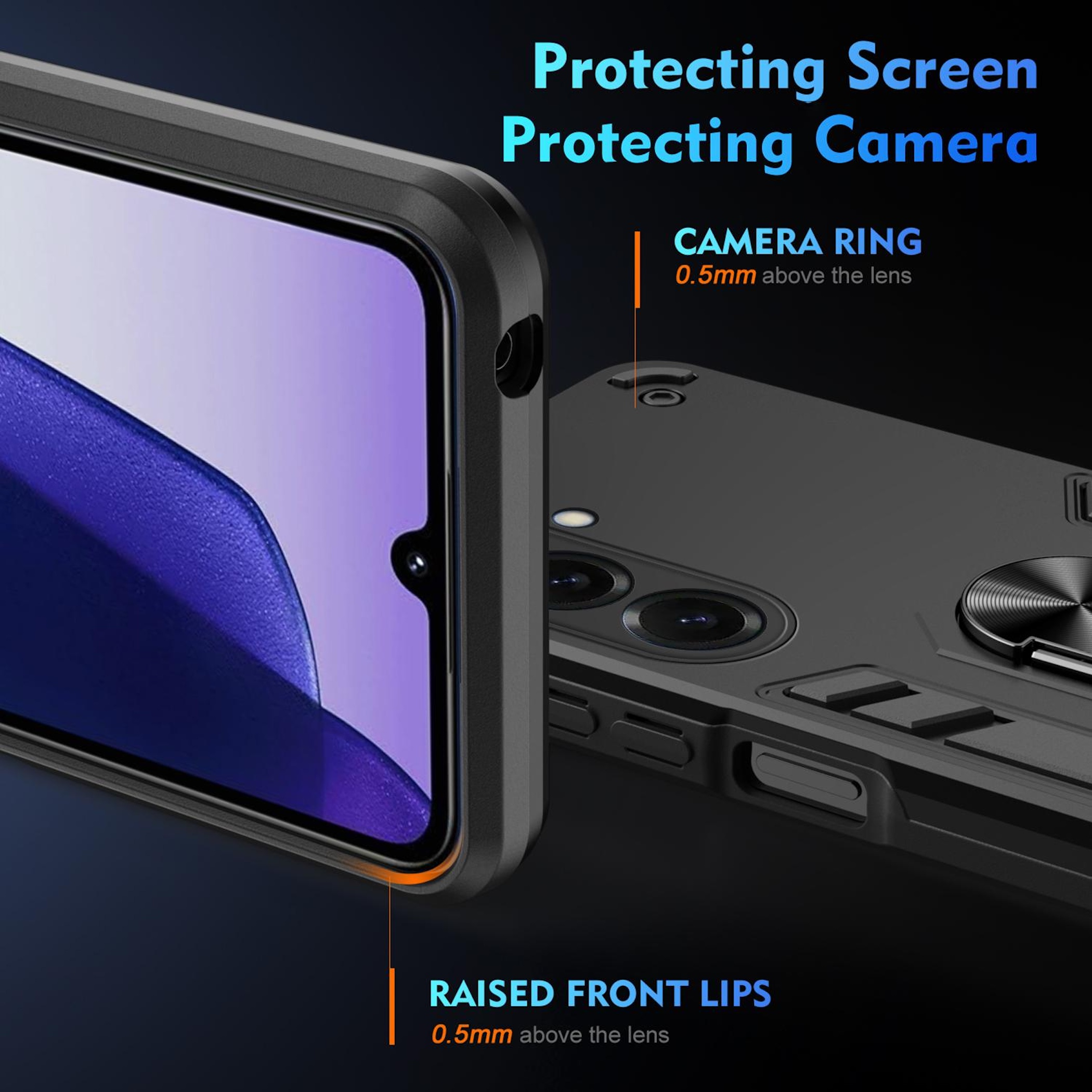 Funda negra para teléfono con bordes elevados y anillo de cámara para protección.