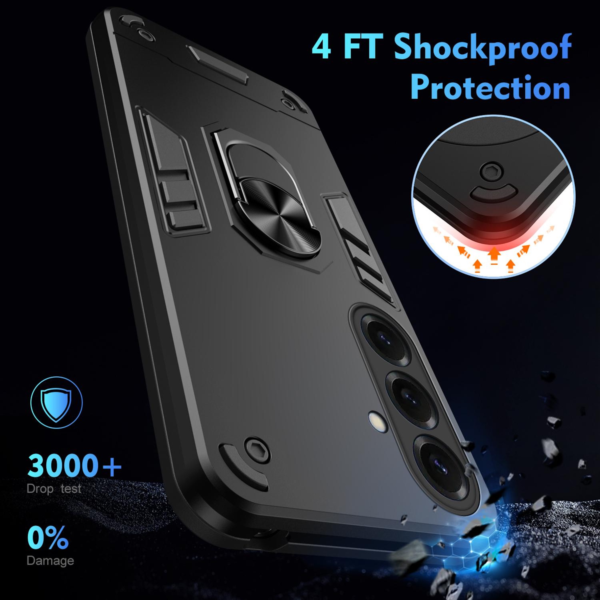 Funda negra para teléfono con soporte de anillo, protección contra caídas de 4 pies.
