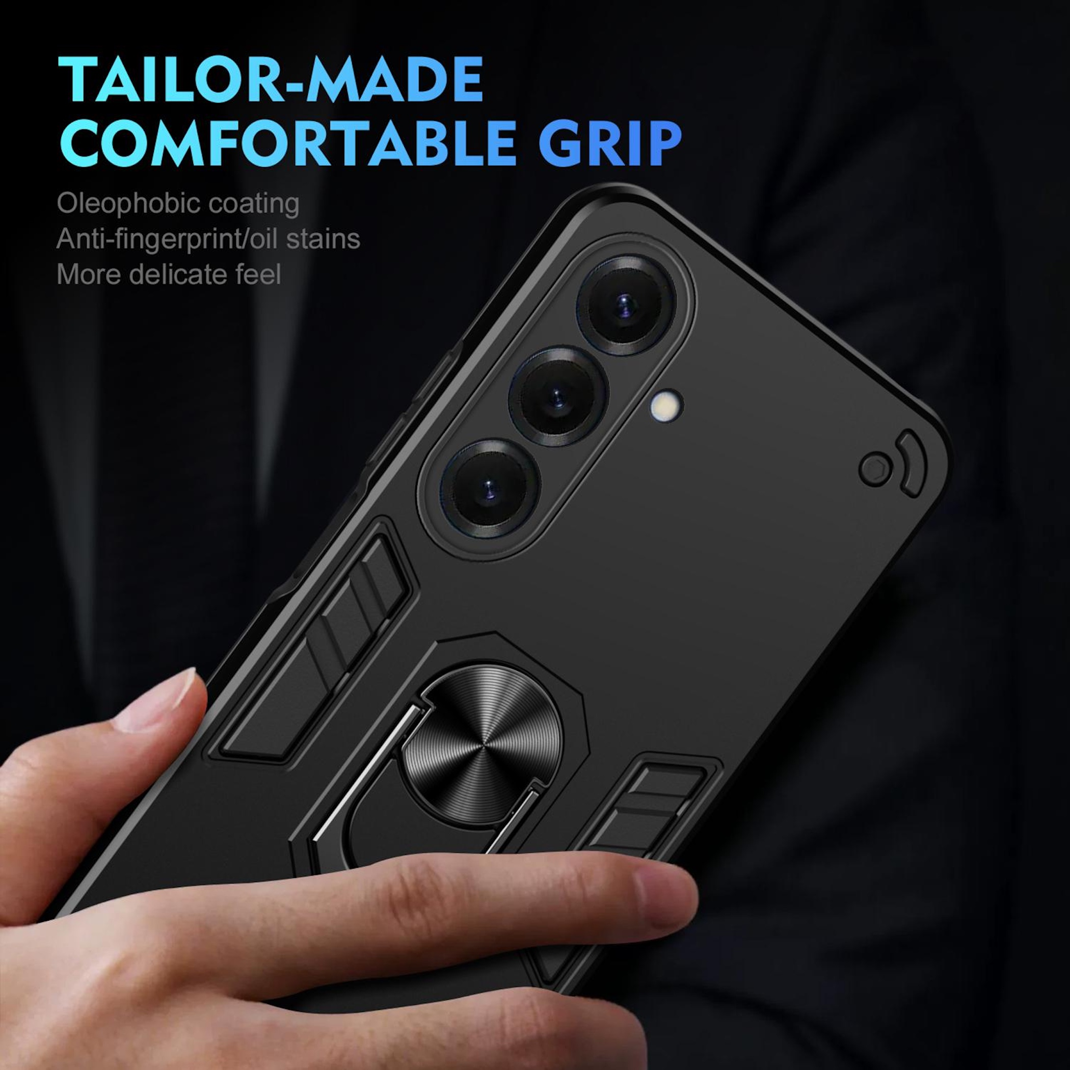 Funda negra para teléfono con soporte de anillo, sostenida por una mano.