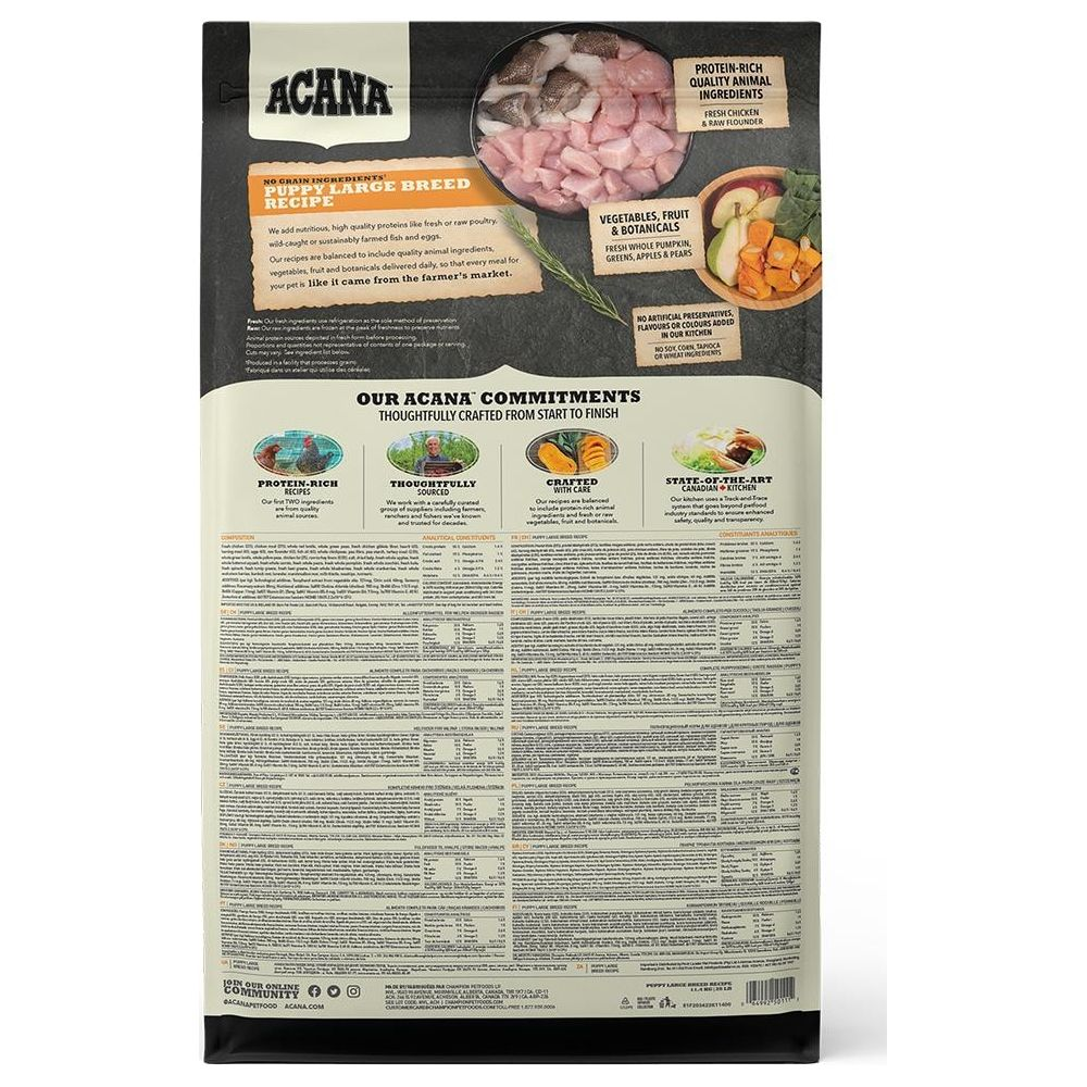 ACANA Welpenfuttertasche mit Proteinen, Gemüse und Obst. Infos zu Inhaltsstoffen und Verpflichtungen.
